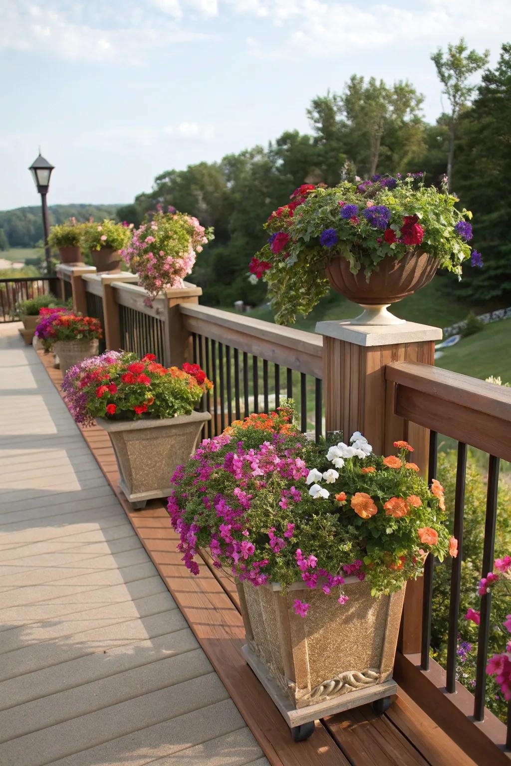 A vibrant deck with balustrades that double as planters, overflowing with flowers.