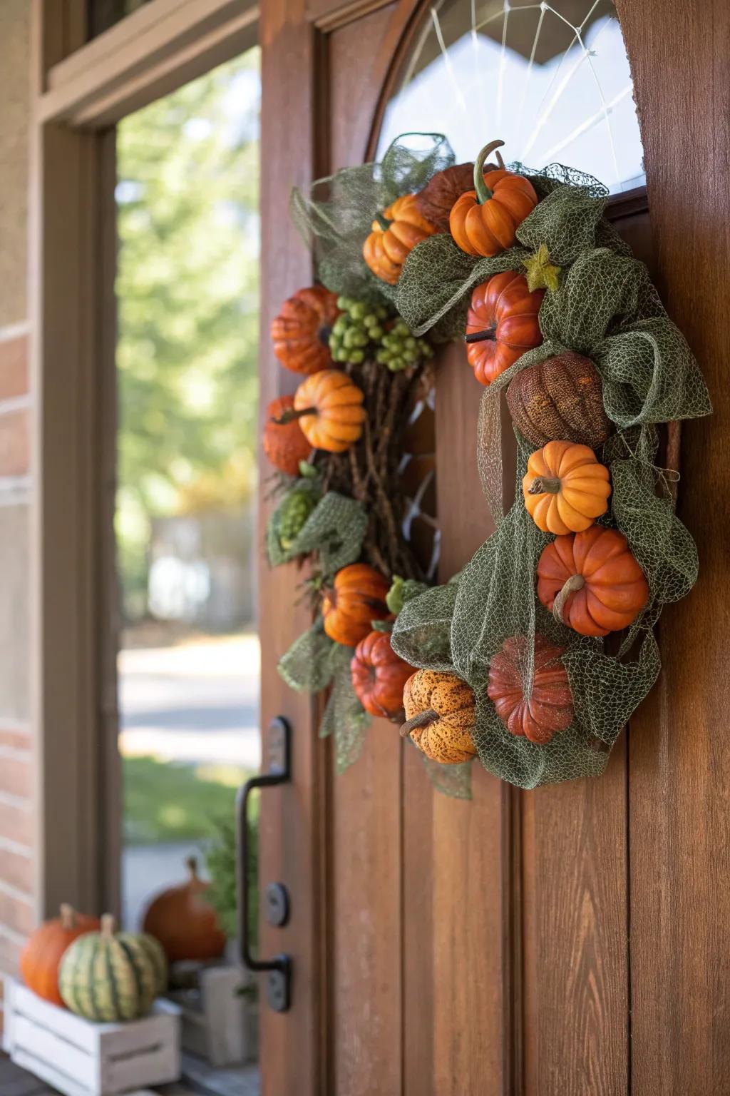 Playful faux gourds enliven this deco mesh wreath.
