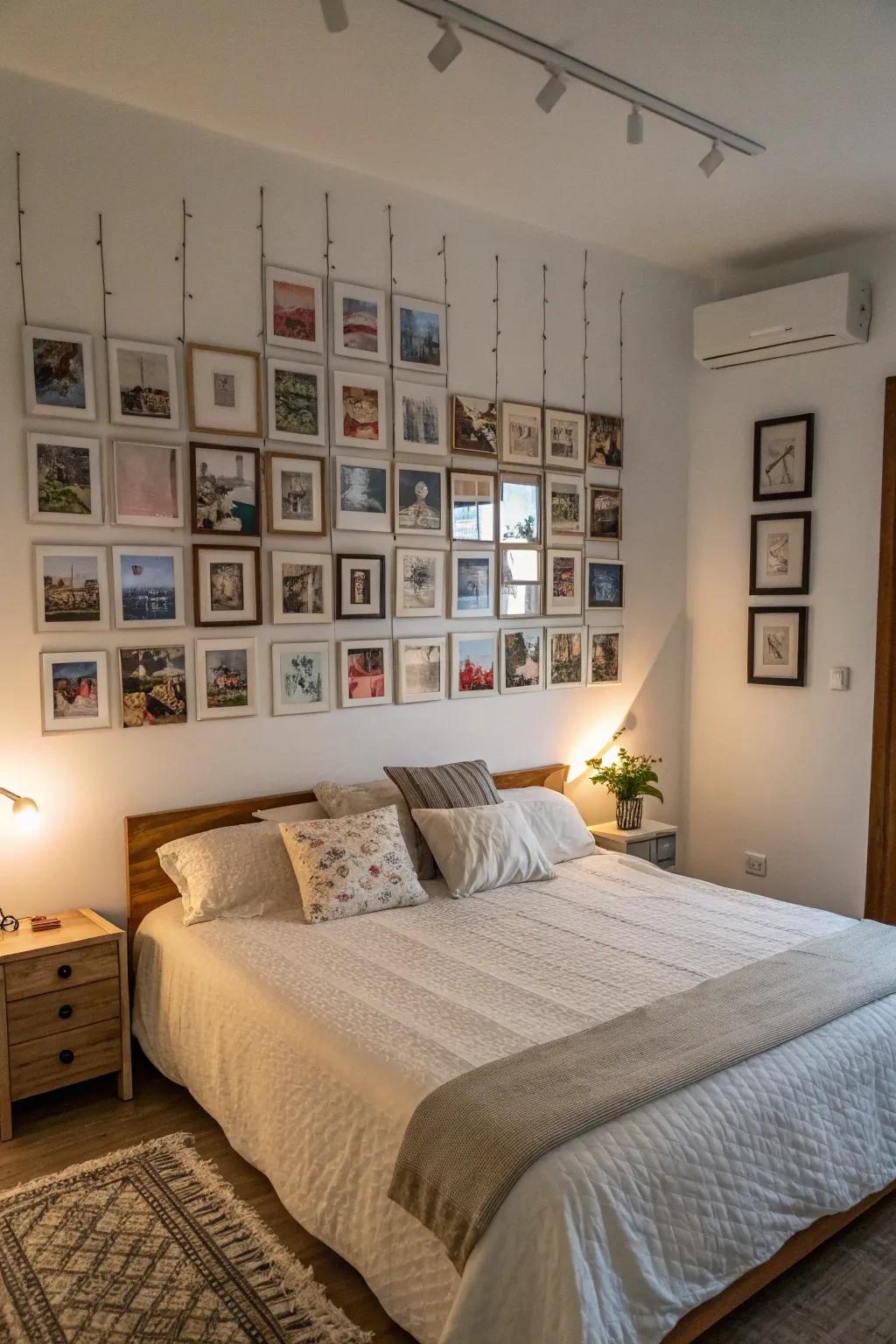 A photo gallery personalizes your bedroom's appearance.