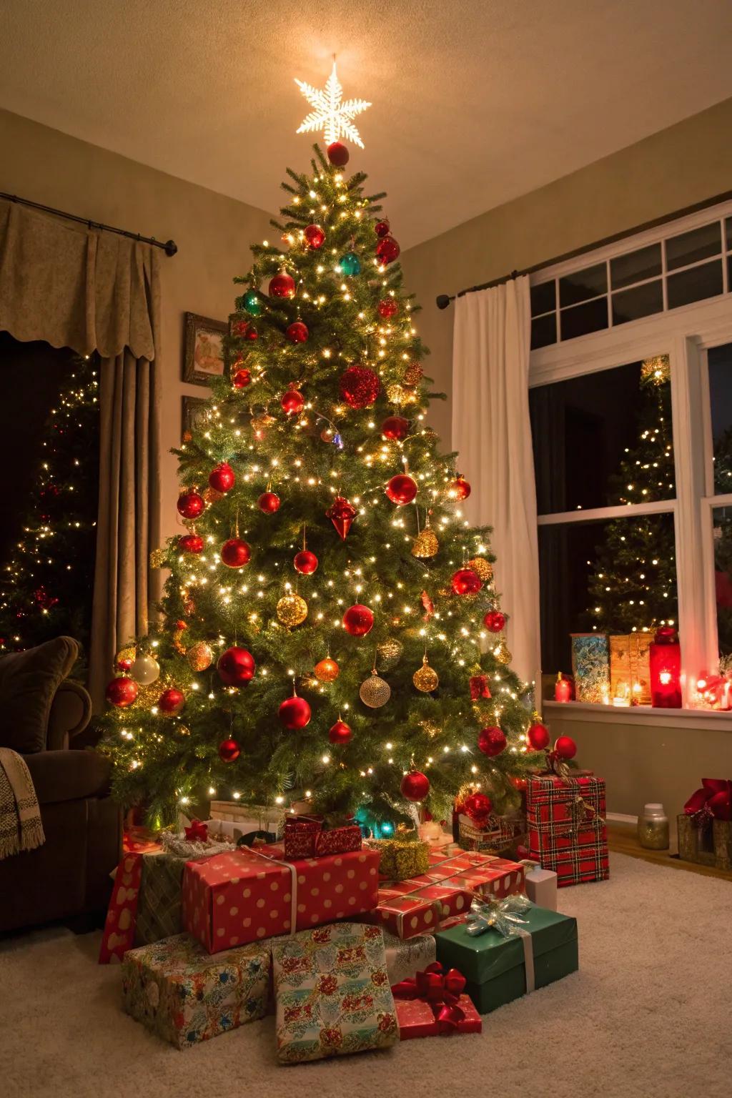 A lively Christmas tree showcasing celebration-esque illumination and kaleidoscopic embellishments.