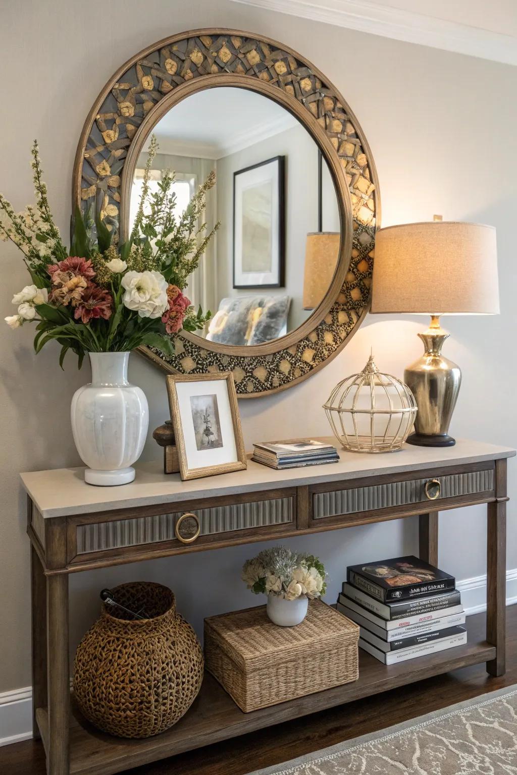 A mirror above a display table harmonizes style with functionality.