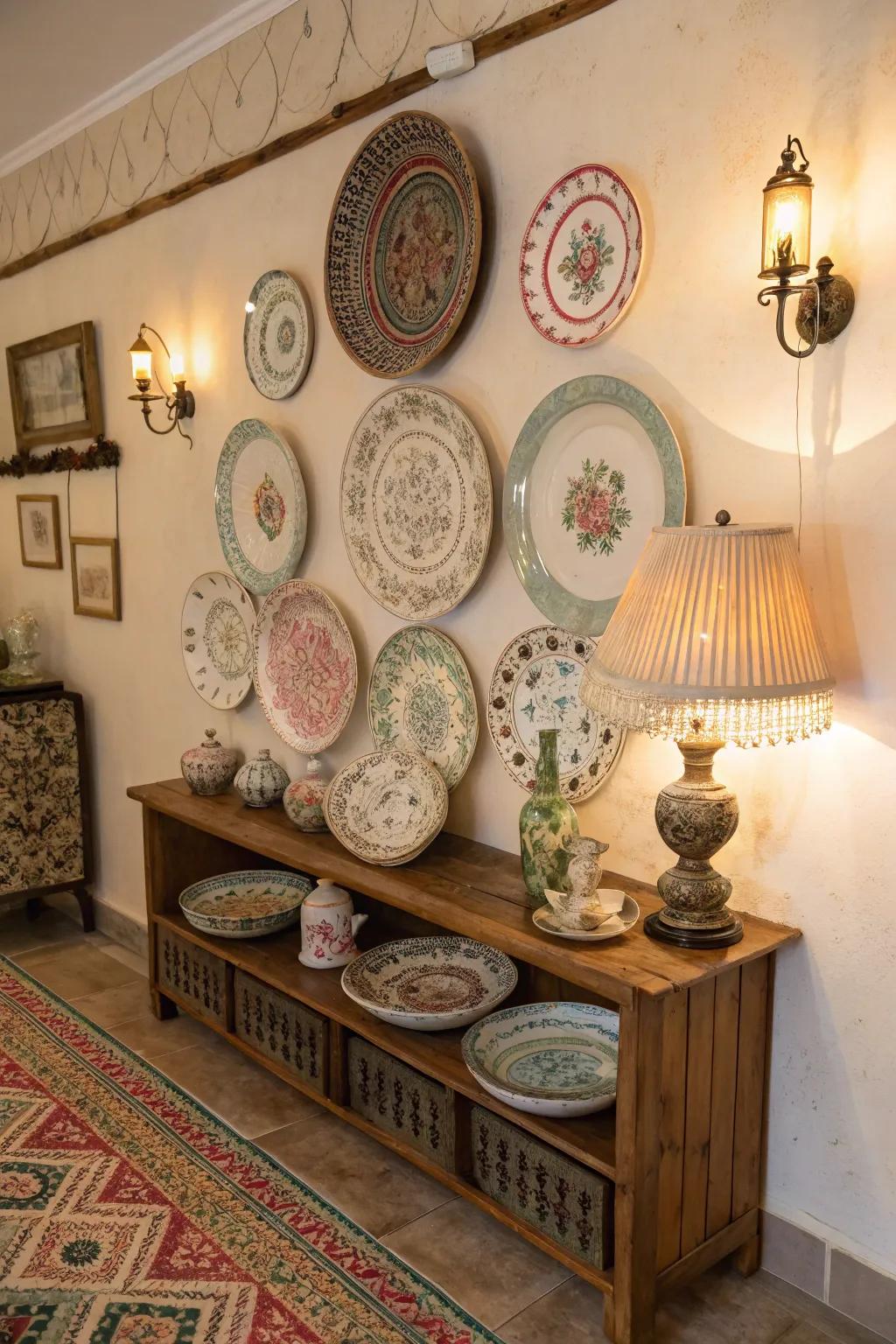 Vintage plates infuse a sentimental essence into the ornamentation.