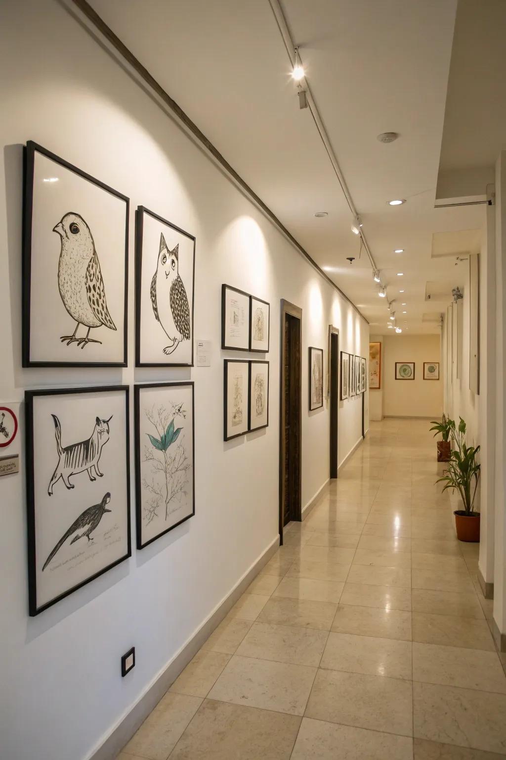A corridor brightened with minimalist animal sketches in frames.