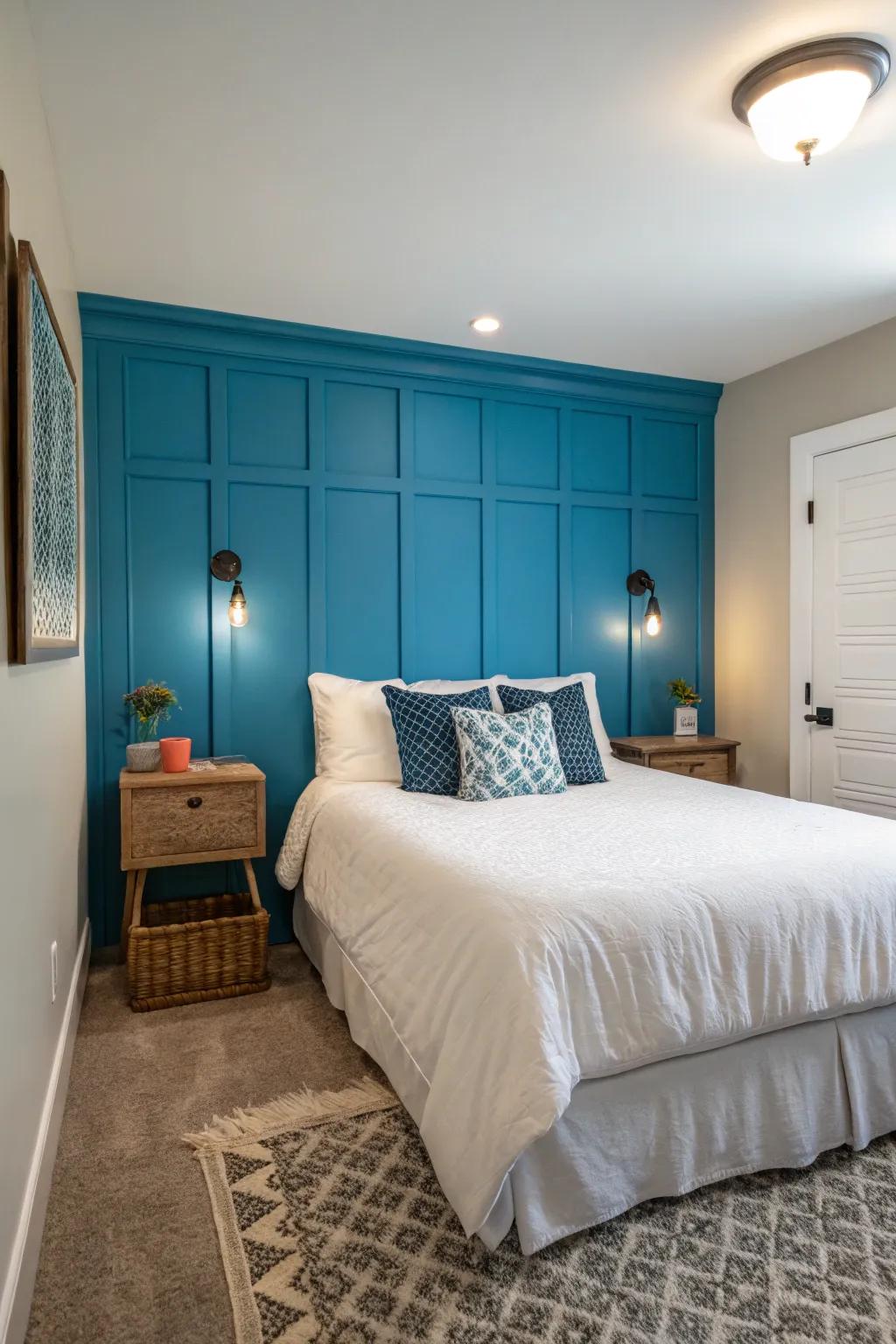 A striking highlight wall adds character to a compact bedroom.