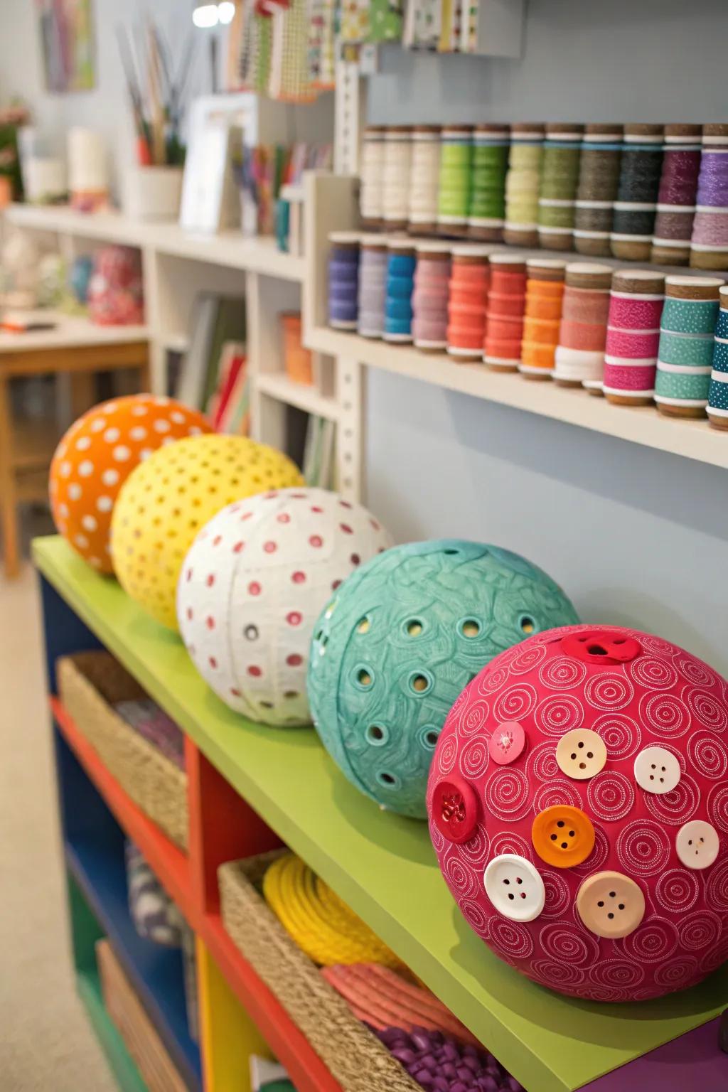 Fastener-embellished orbs contributing a playful sensation