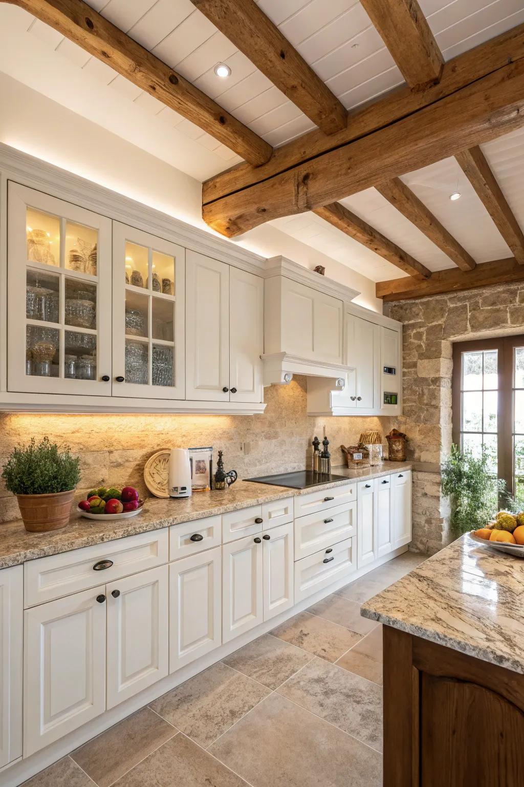 Wooden beams add warmth and personality to a cozy kitchen space.