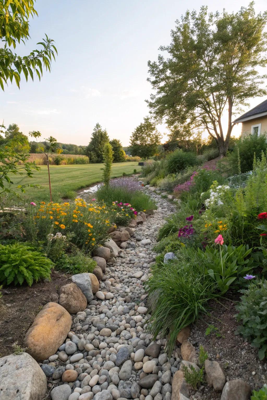 Pebble stone pathways simulate natural creek beds beautifully.