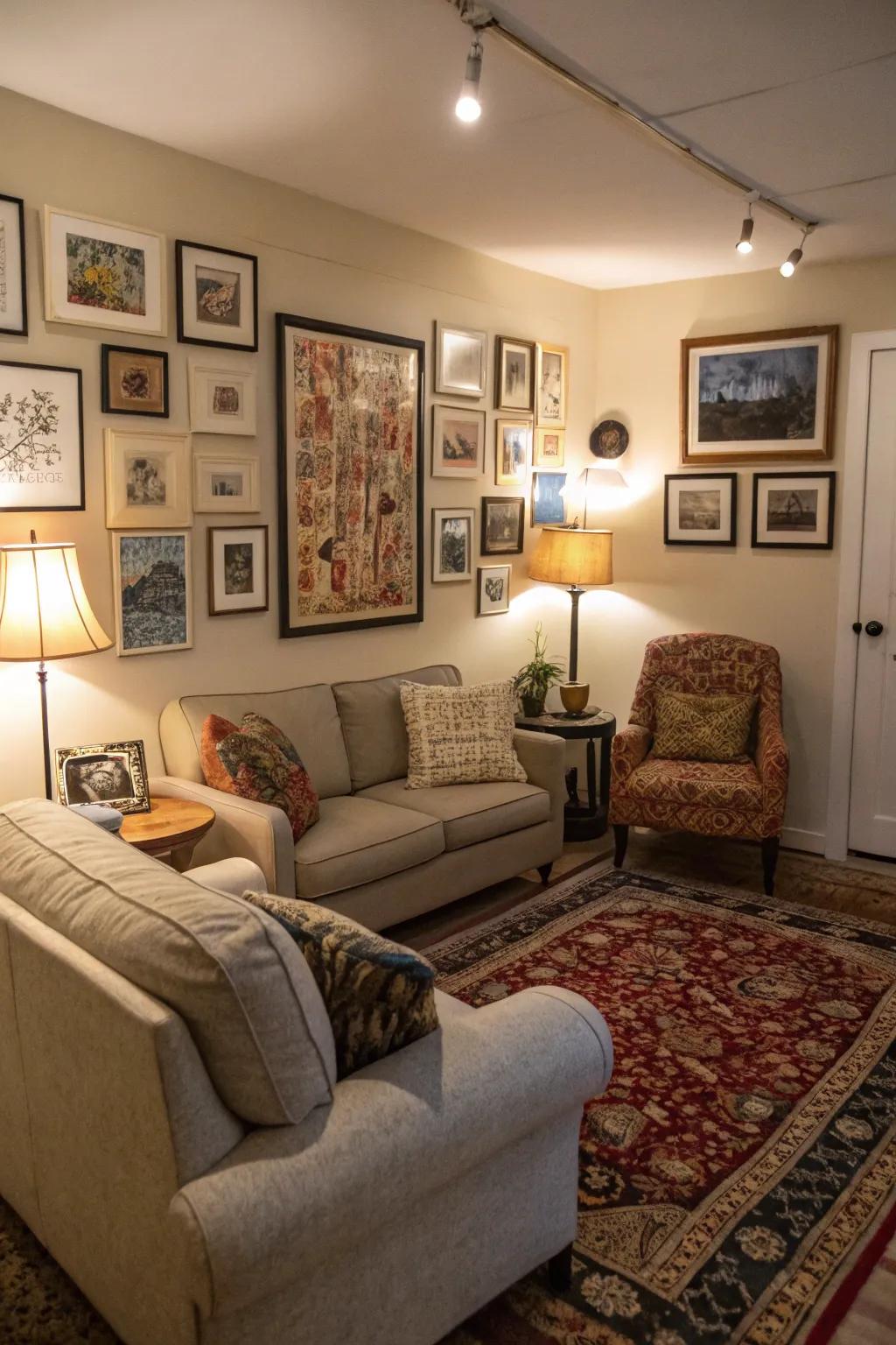 Artwork enhancing a comfy den with personality.