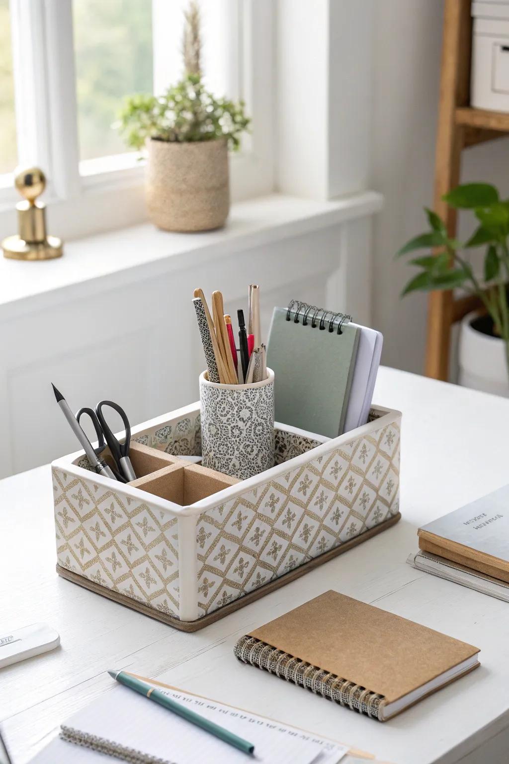 A desk organizer promoting neatness and aesthetic appeal in a workspace.