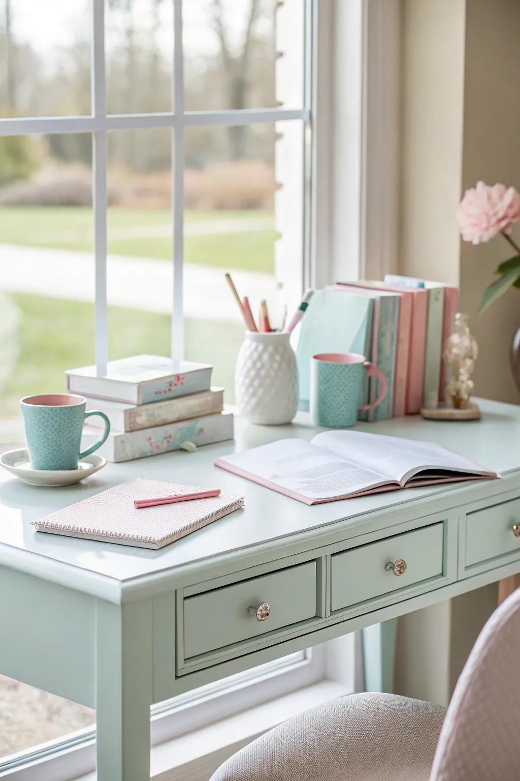 Neutral colors foster a peaceful and concentrated workspace.