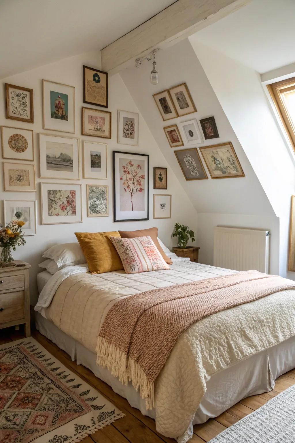 A gallery wall adds personality to a bed arrangement at an angle.