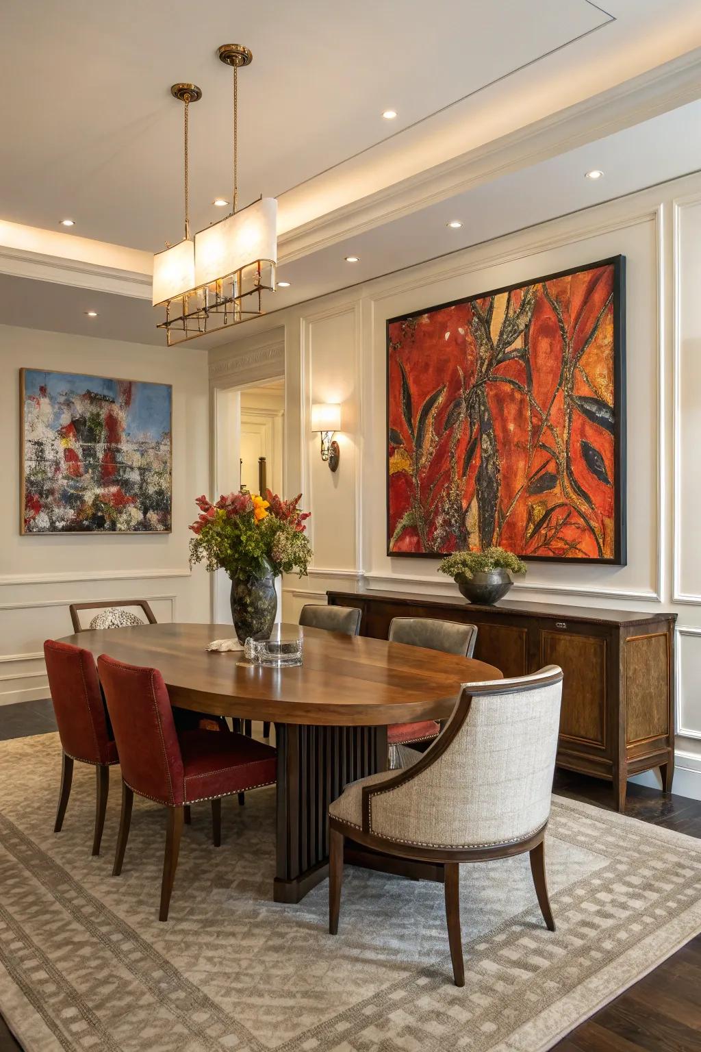 Bold artistic expressions can transform a dining room into an artistic retreat.