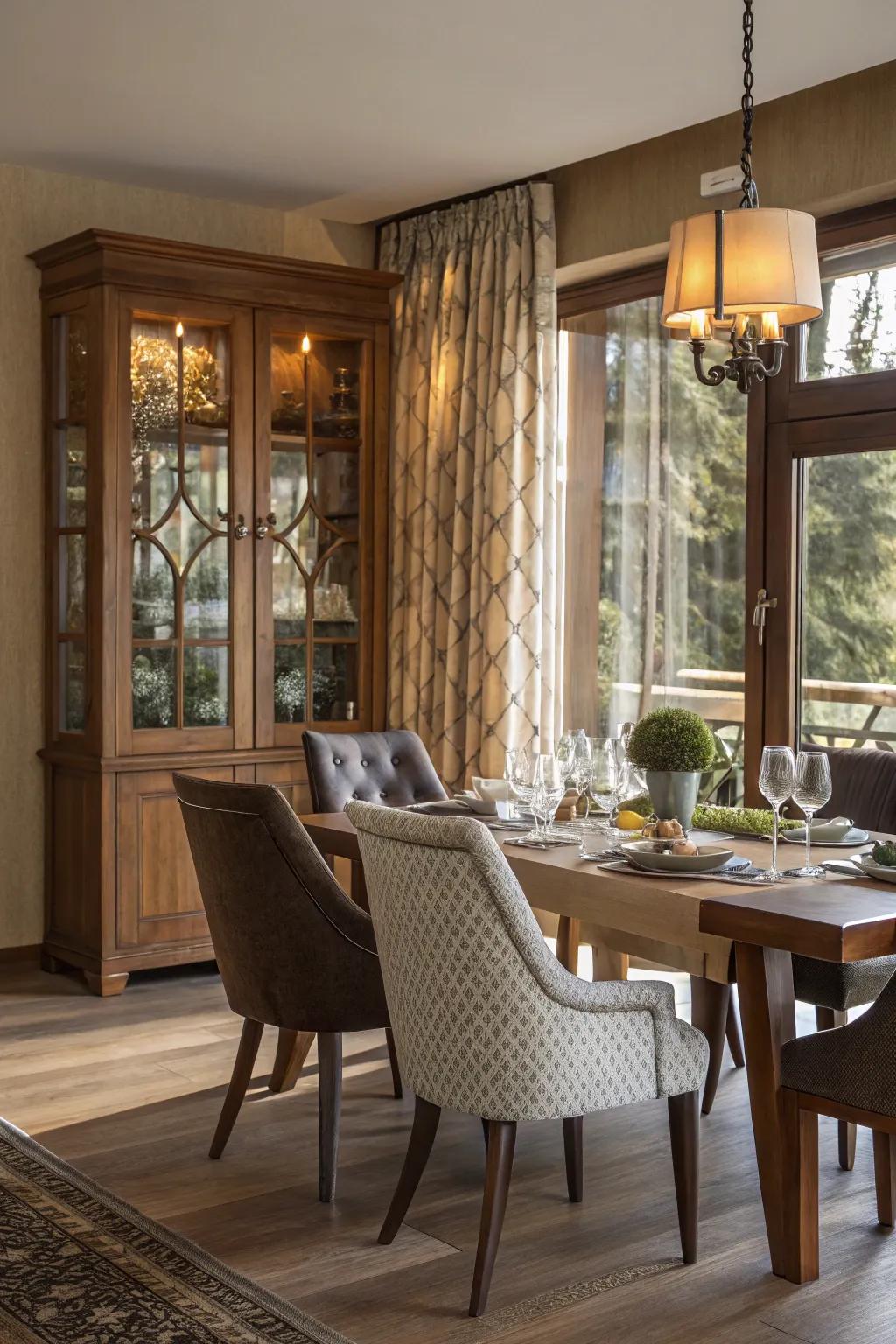 A balanced mix of materials that forges a visually stimulating dining environment.