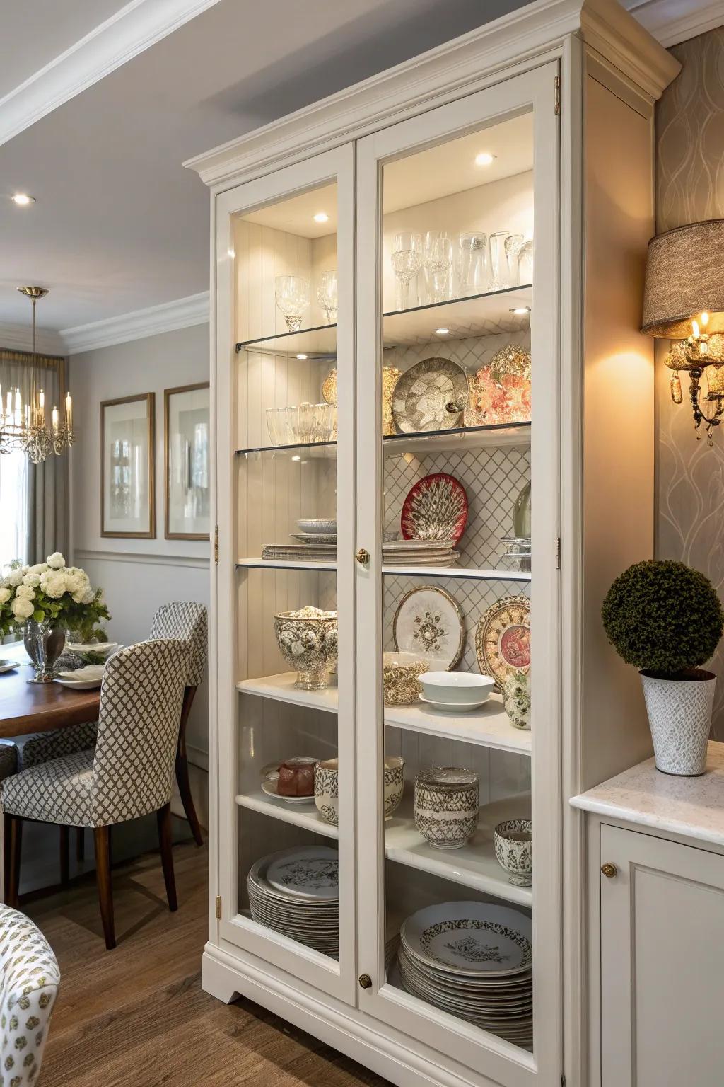 Glass door cabinets elegantly showcase dining ware collections.