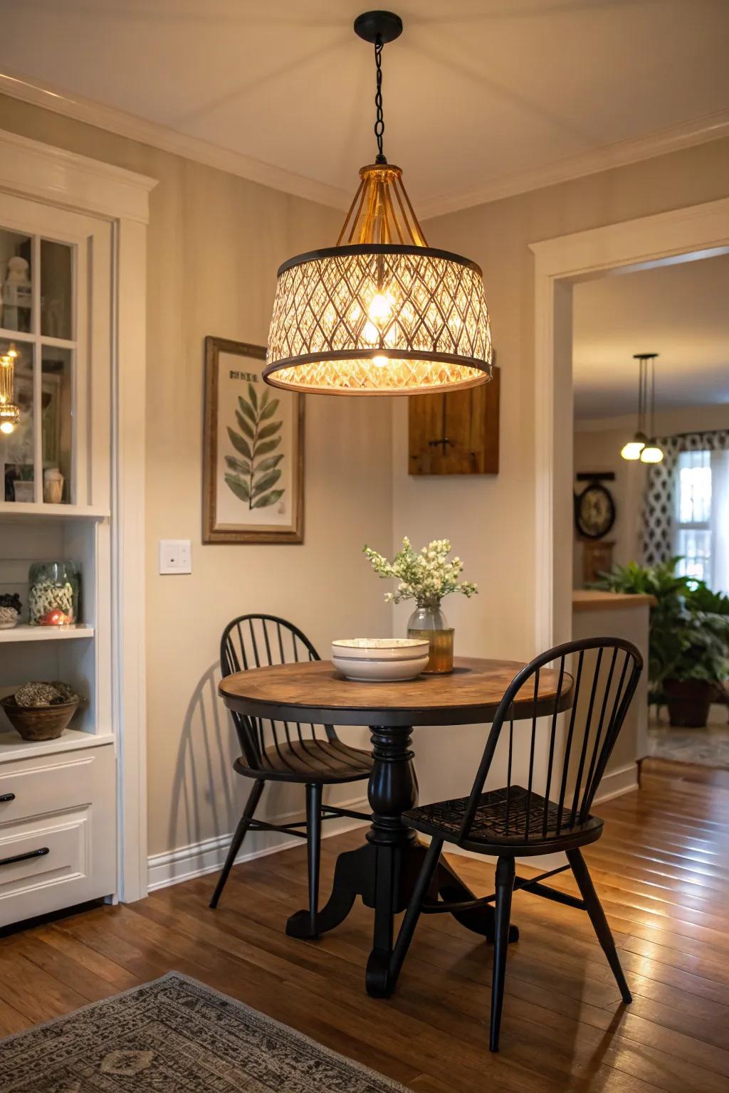 An ornamental lighting fixture adds drama and captures interest in the dining corner.