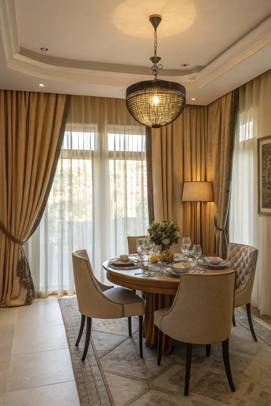 Harmonious window covering and furniture coordination in a dining space.