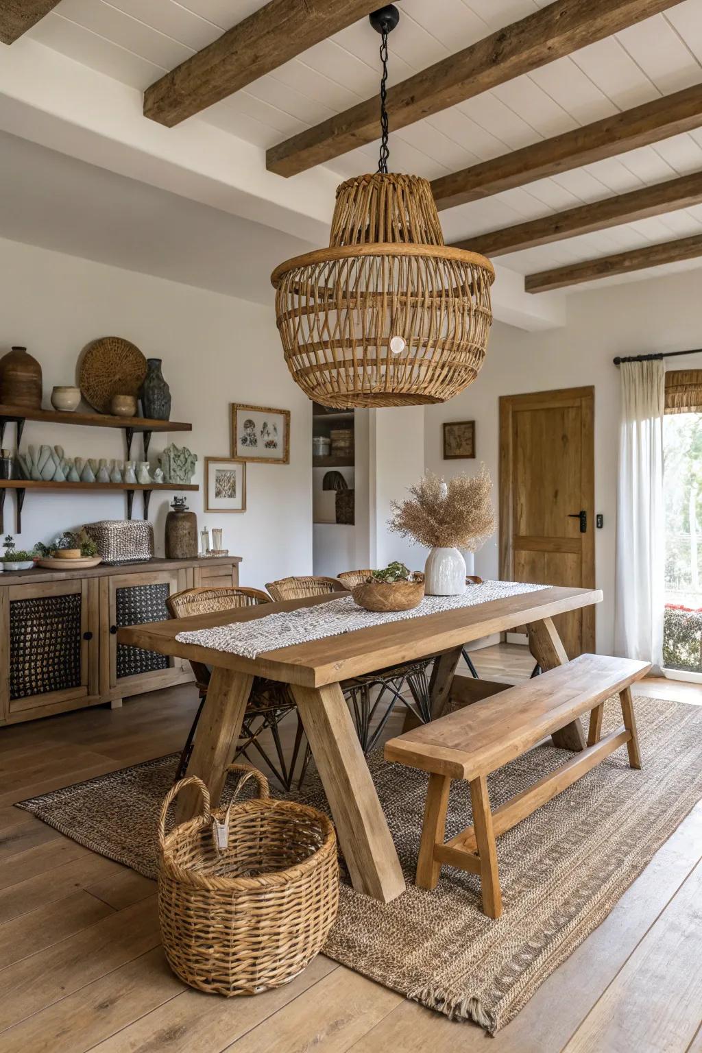 This dining space is given warmth and natural appeal by timber light fixtures.