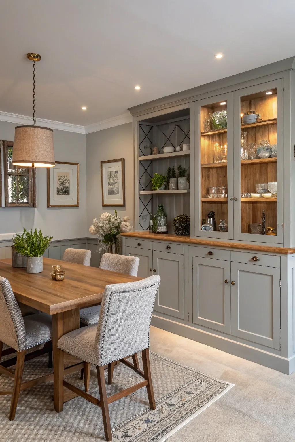 Color coordination in storage solutions amplifies the aesthetic harmony of your dining room.