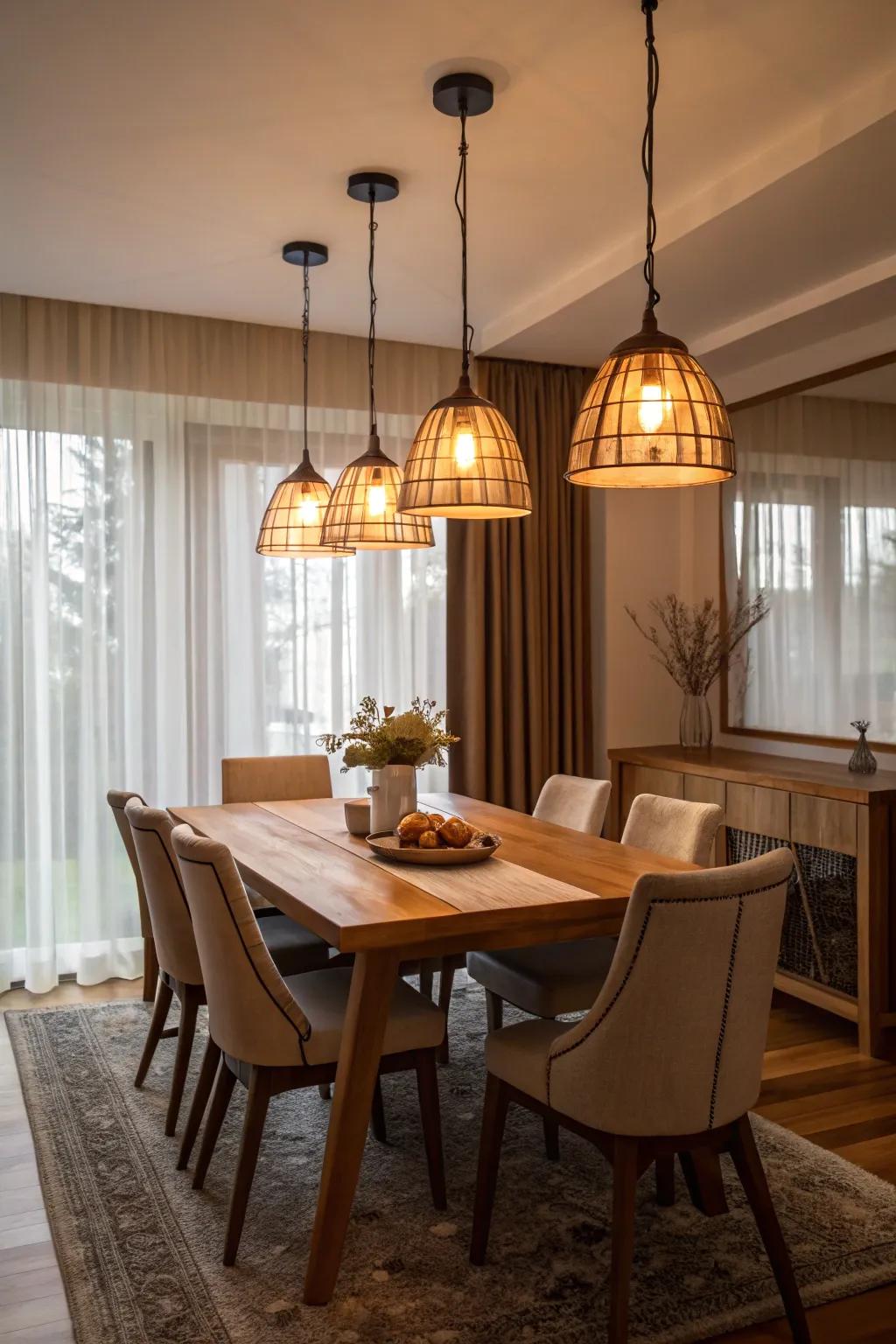 Gentle lighting from pendant lights creates a cozy dining mood.