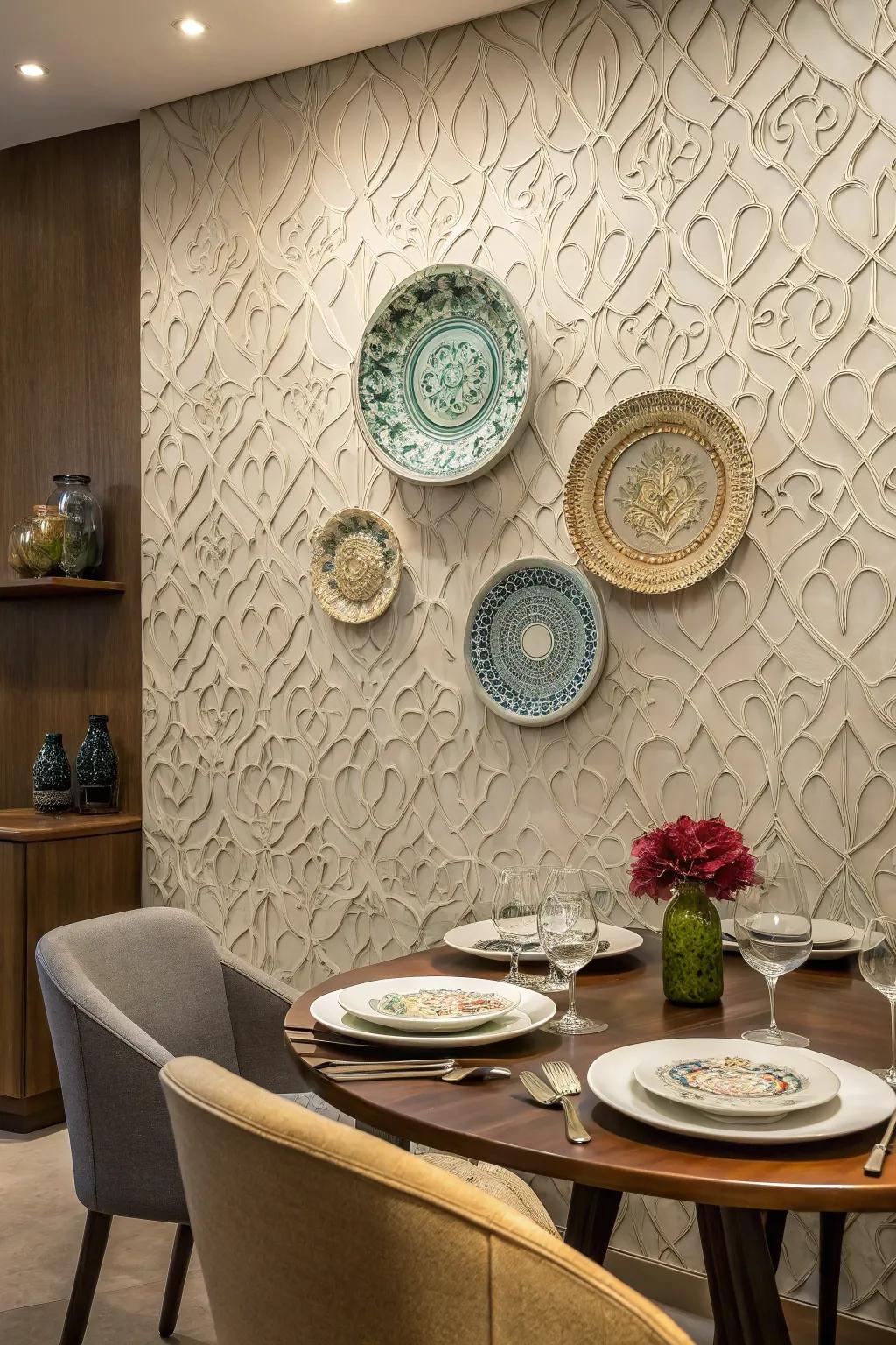 Textured walls enrich plate displays with depth and intrigue.