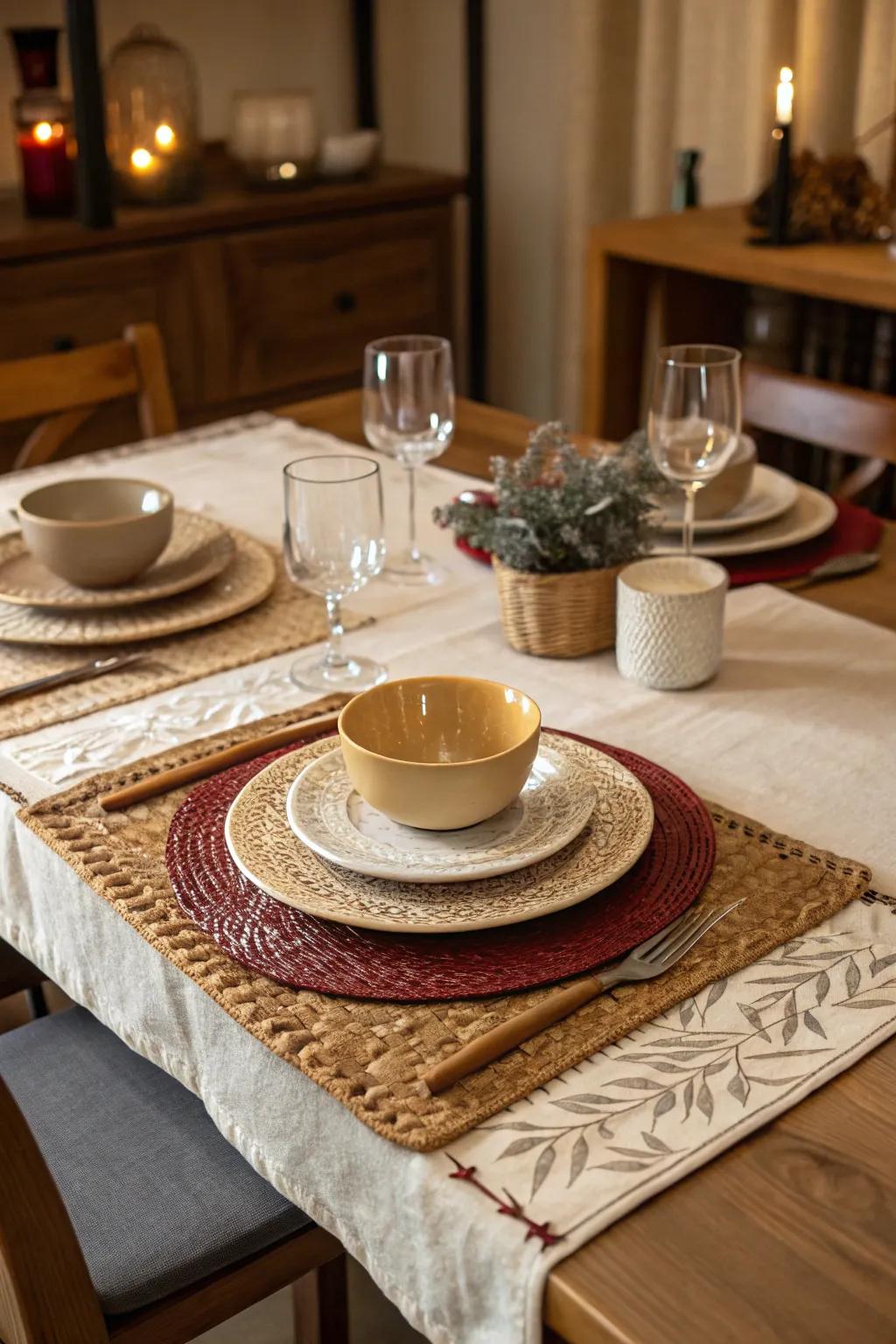A dining table featuring layered runners and textured placements.