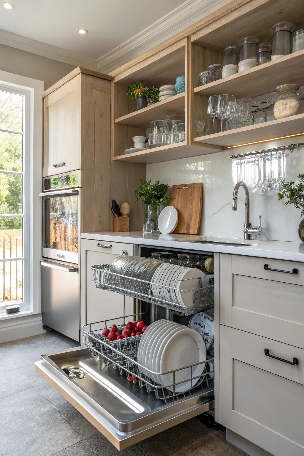 Open shelves offer easy access to dishes and kitchen items.