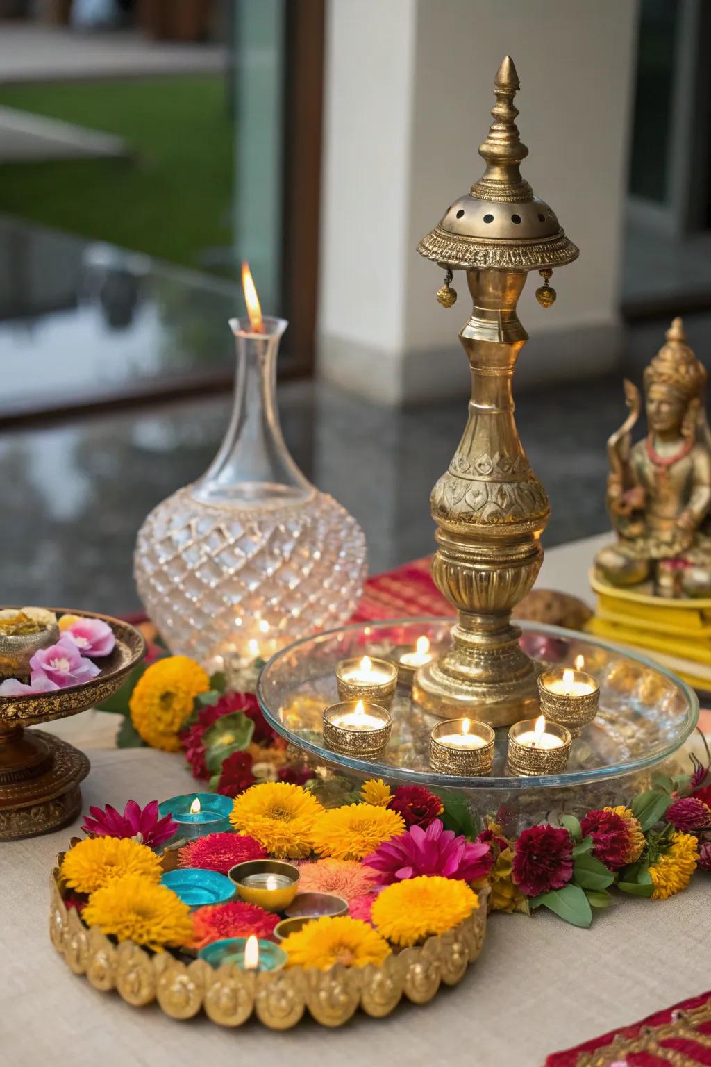 Celebratory table accents with glass and bronze components introduce a dash of elegance to the table.