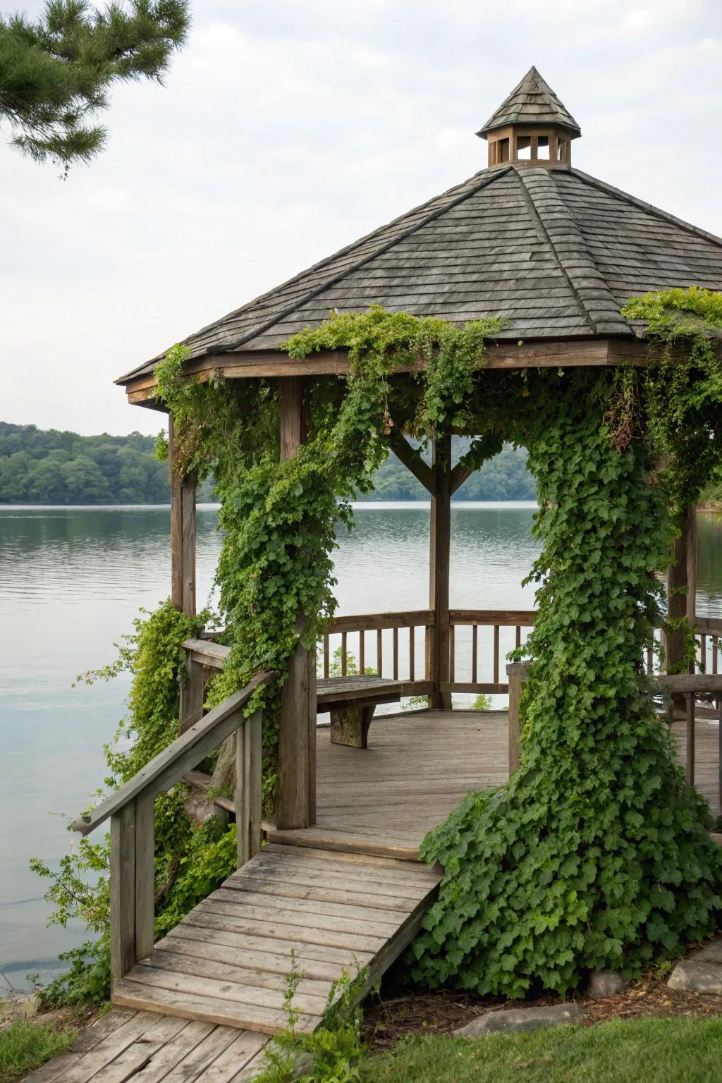 Blend your gazebo with nature using stone and wood for a harmonious look.