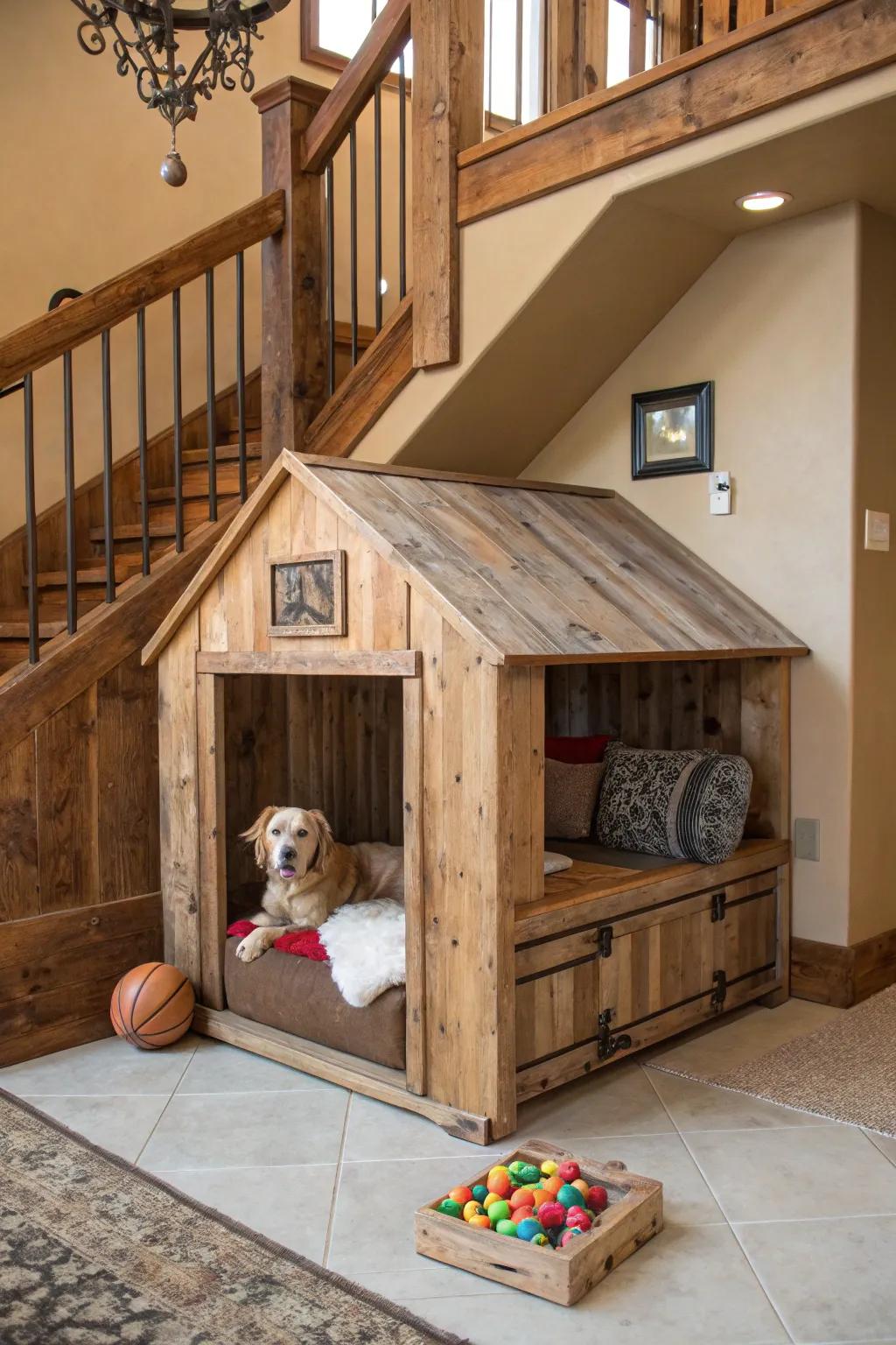 A bespoke canine niche fashioned from salvaged timber, bestowing rustic allure and personalized flair.
