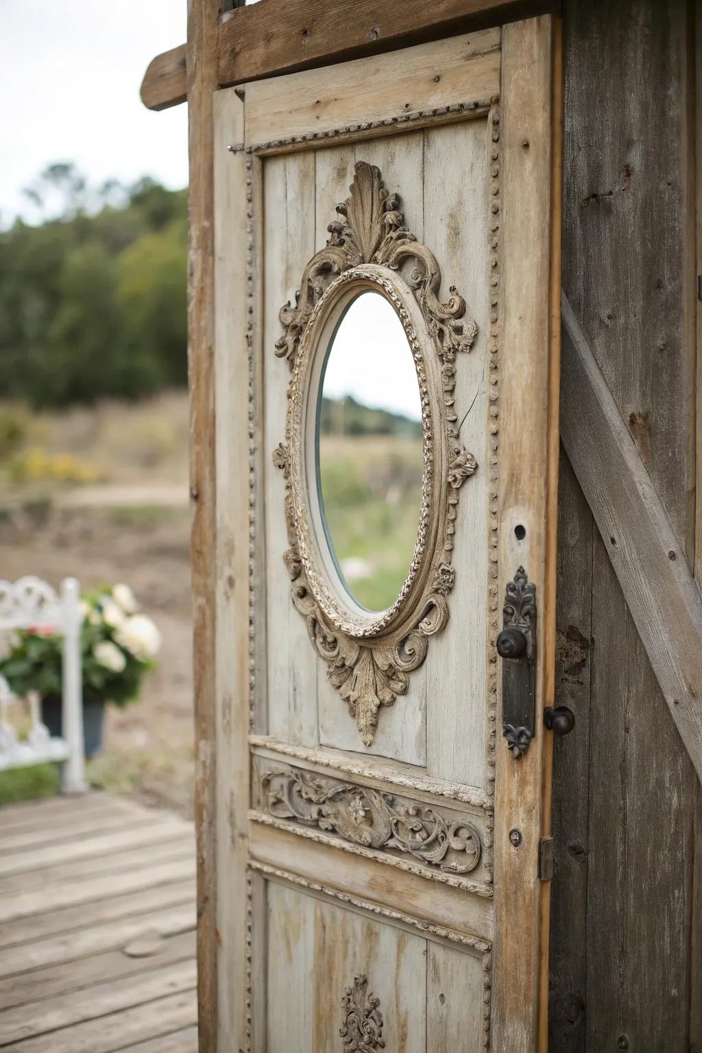 A vintage mirror on a door creates a unique focal point.