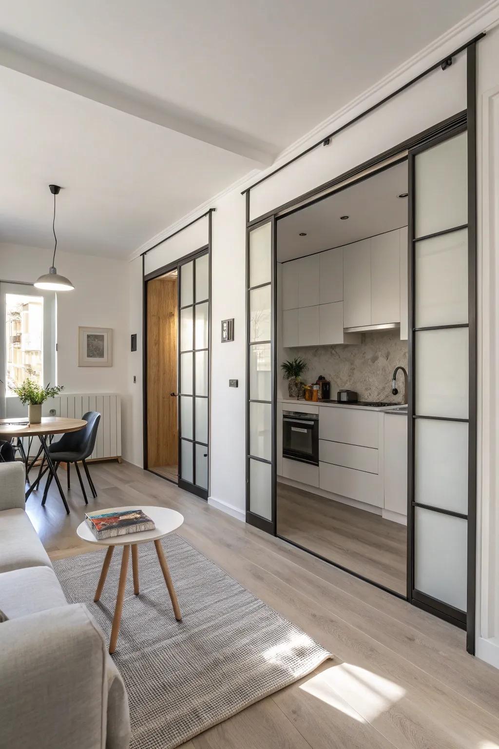 Simple disappearing doors maximize space and maintain a clean aesthetic in this studio apartment.