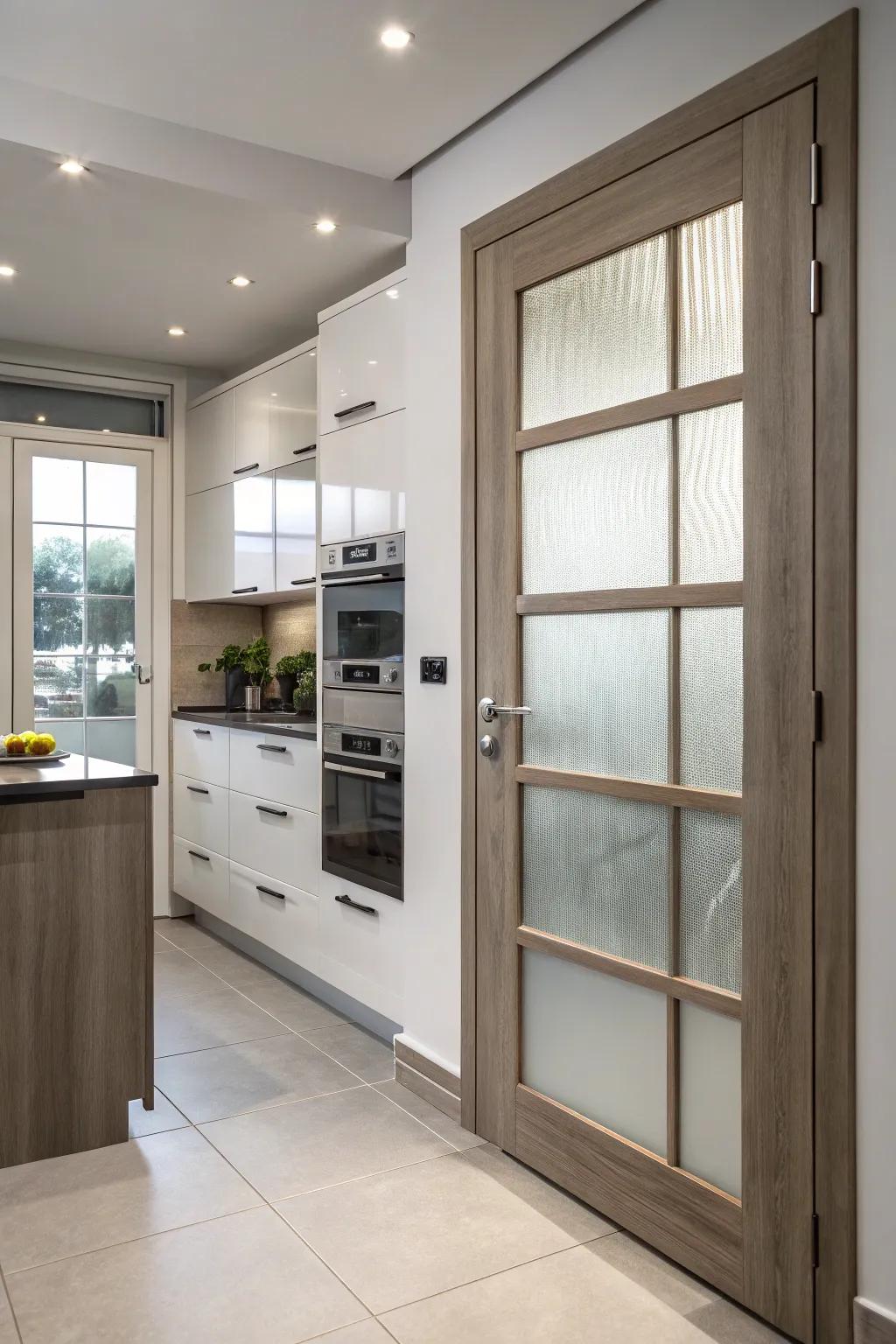 Privacy converges luminance utilizing iced glass treatments.