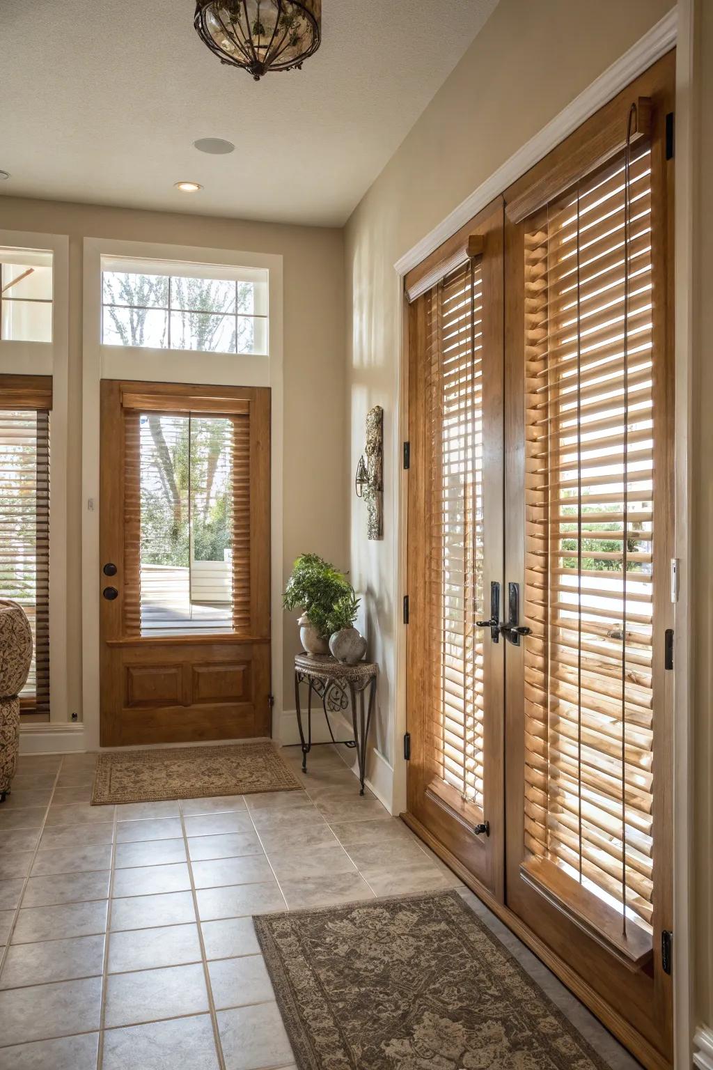 Wood blinds deliver natural warmth and privacy for door windows.