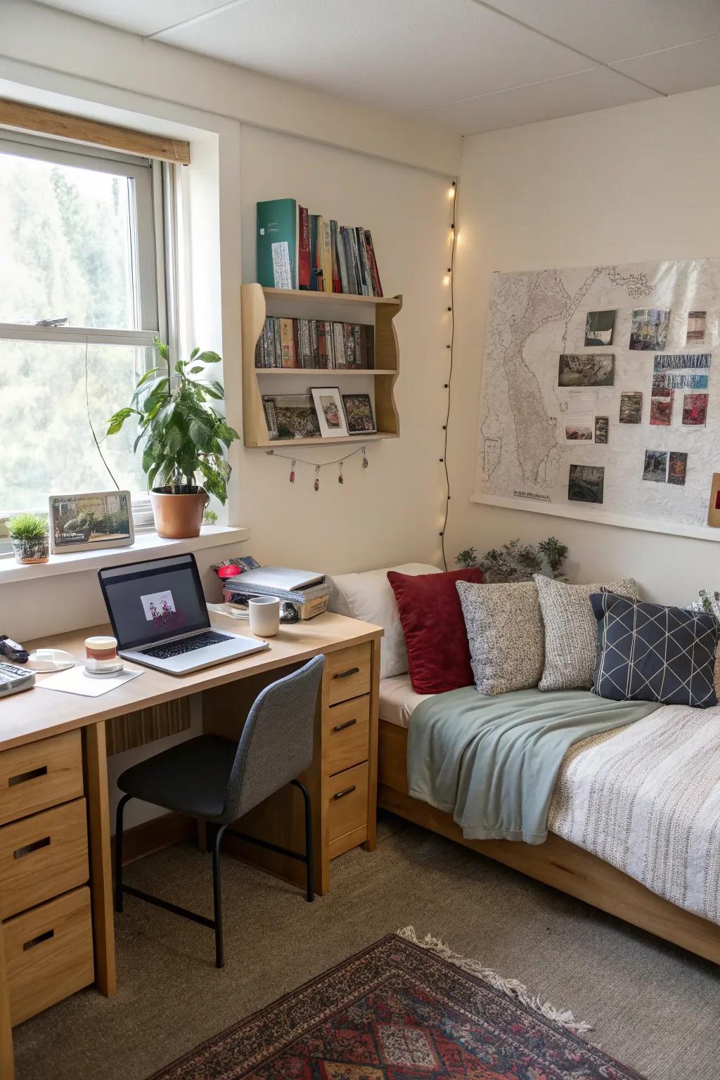 Study and relaxation zones are intelligently separated in this dorm room.