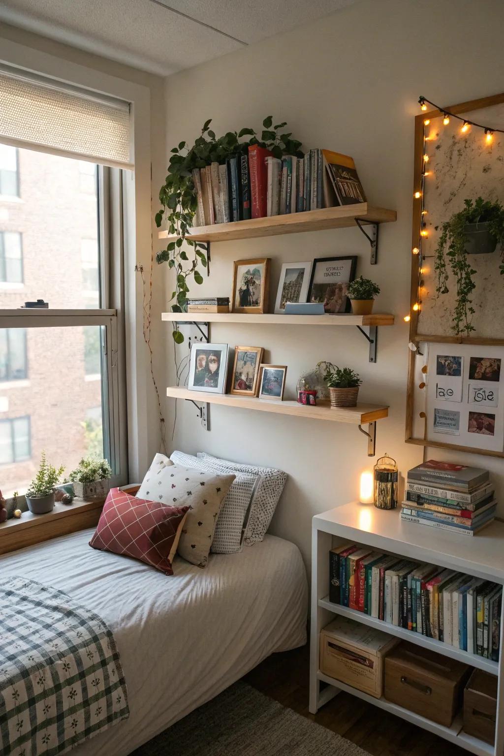 Elegant shelves cater to both storage and decorative needs.