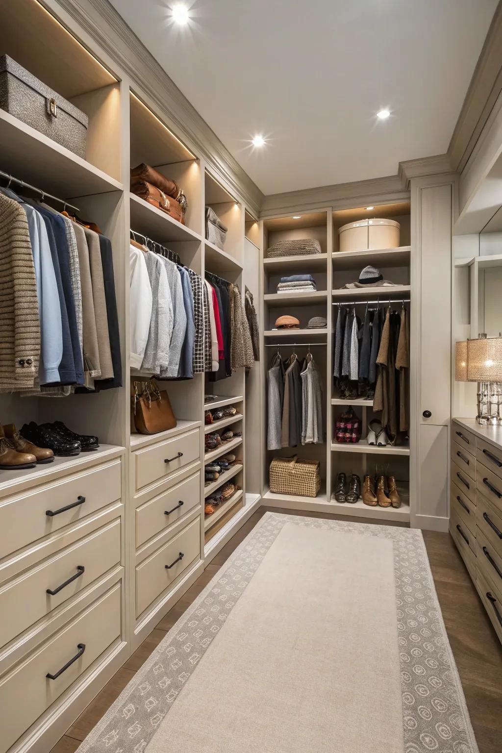 Elements inspired by walk-in closets bring a luxurious, practical twist to a double closet.