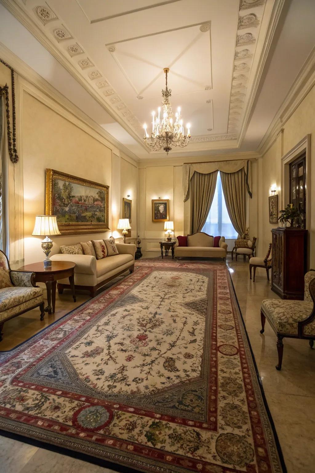 Floor coverings characterize spaces and add texture to the double parlor.