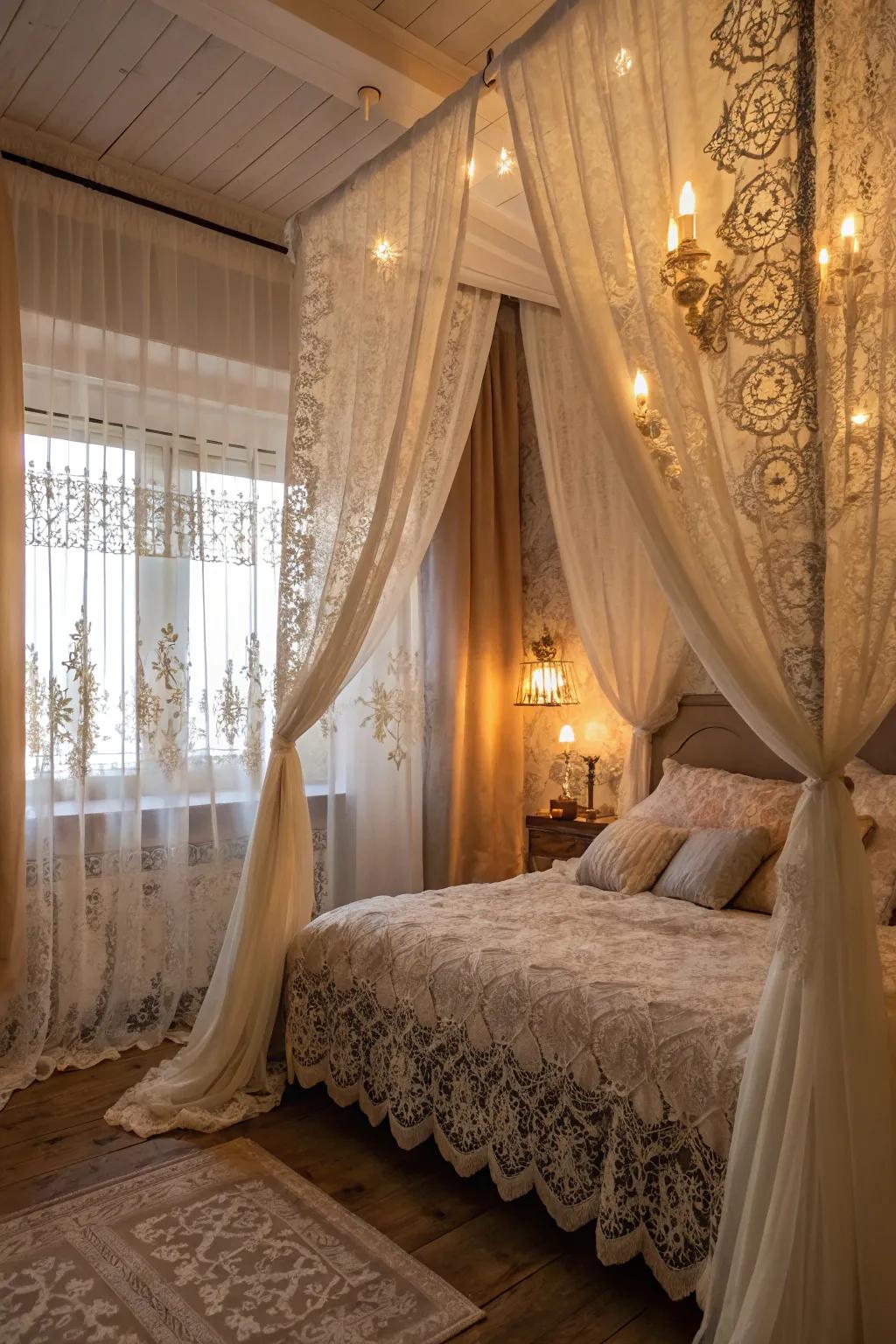 Lace and silk curtains set a romantic mood.
