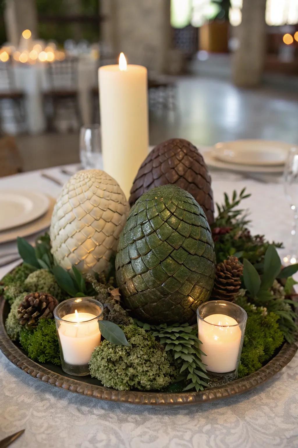 Dragon ovum decorations add a whimsical touch to the tablescape.