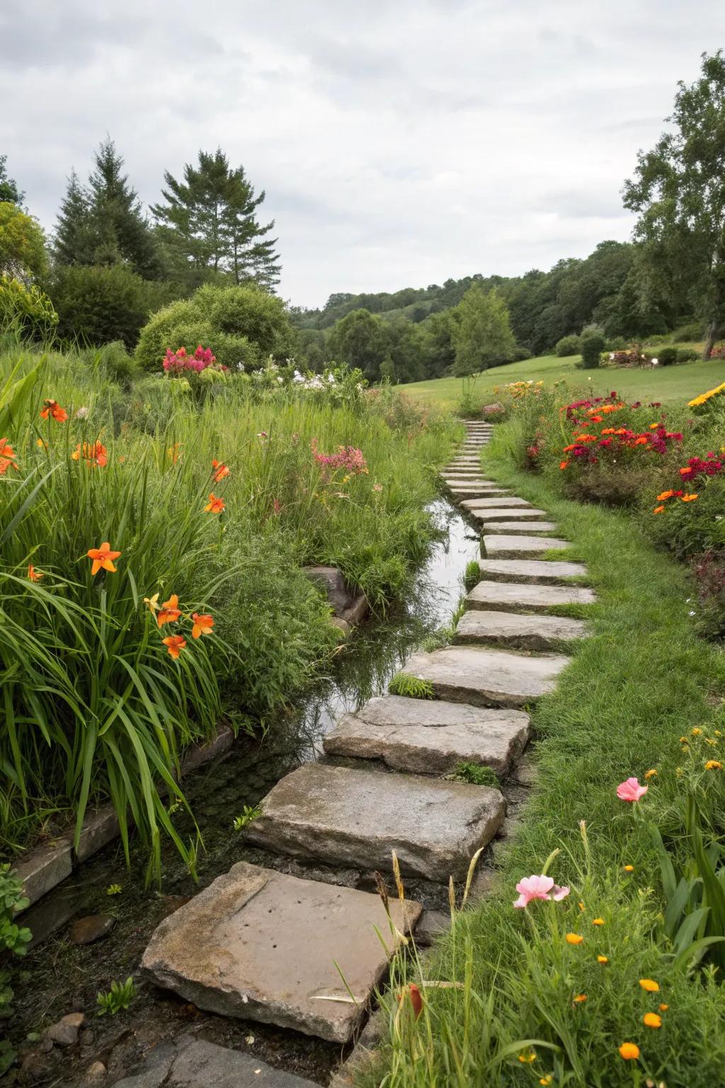 Stepping stones convert a drainage channel into a bewitching garden path.