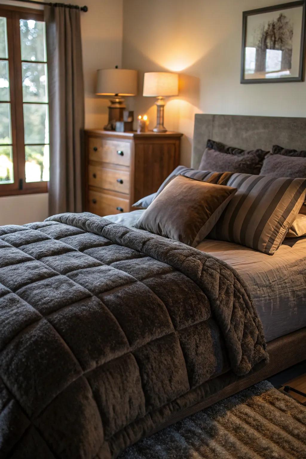 Plush bedding in rich colors inspires warmth and comfort.