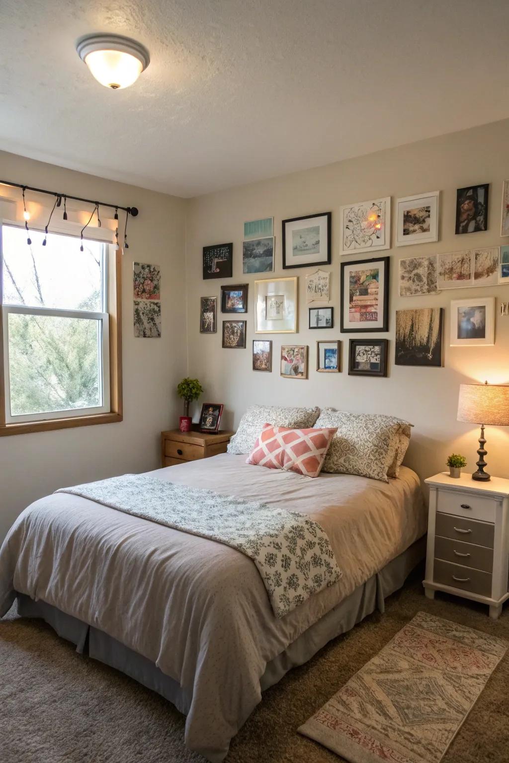 A bedroom featuring personalized art pieces creating a unique touch.