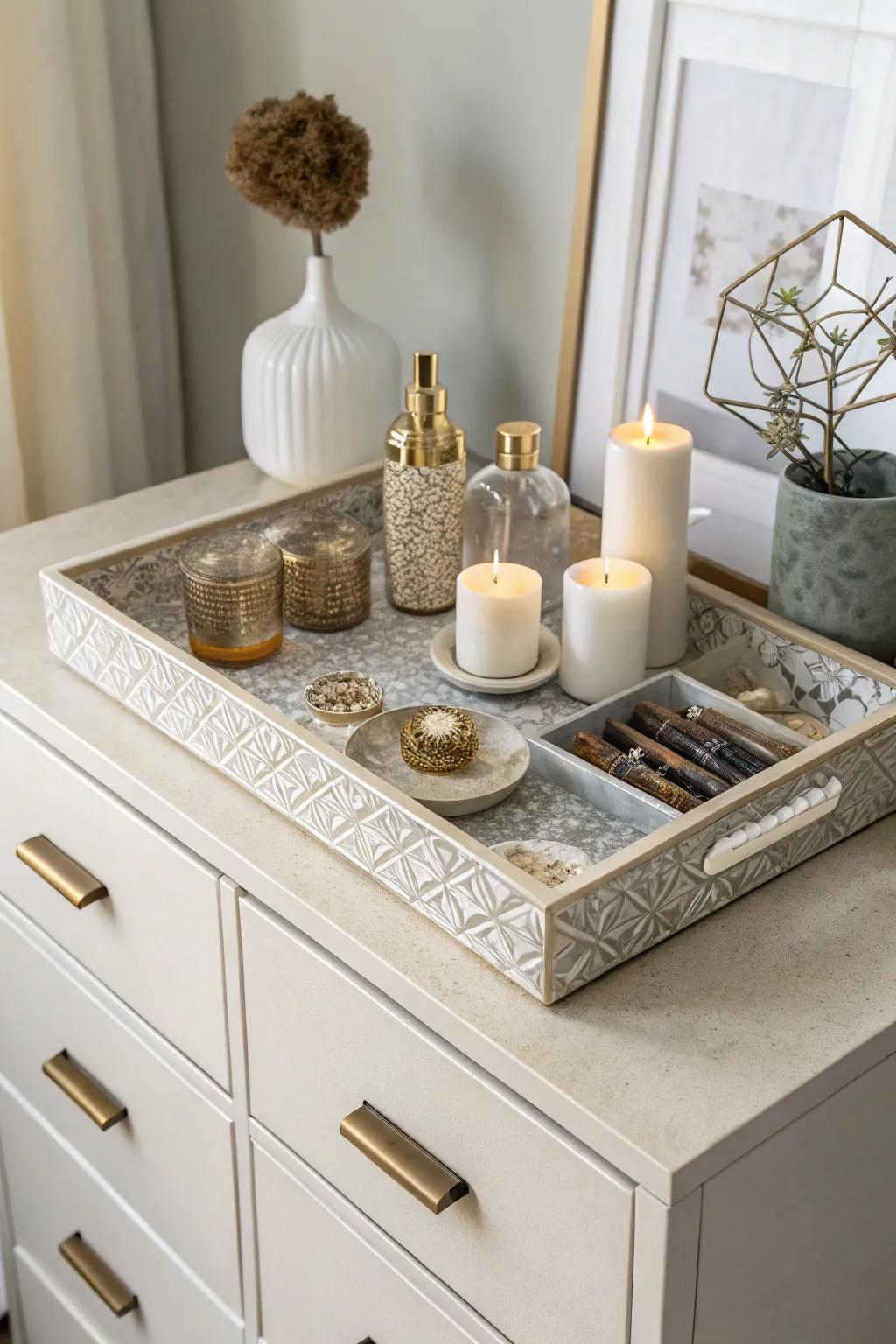 A tray arranges and refines the decor on the dresser.
