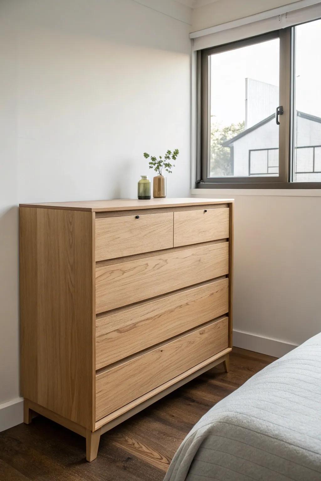 A simple dresser with sharp lines enhancing the sleek appearance of a small bedroom.