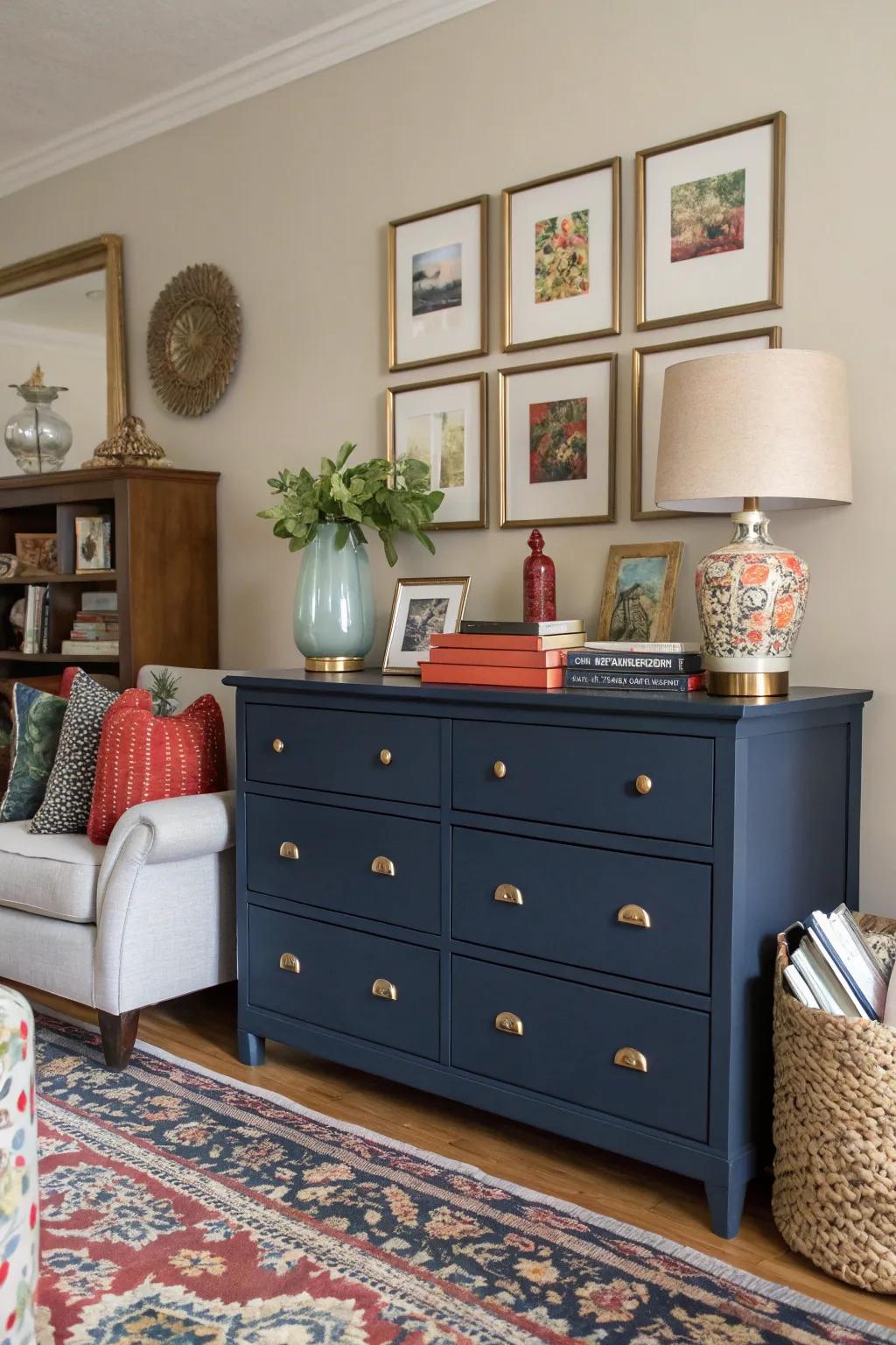 A strikingly hued dresser can serve as an emphatic statement piece.