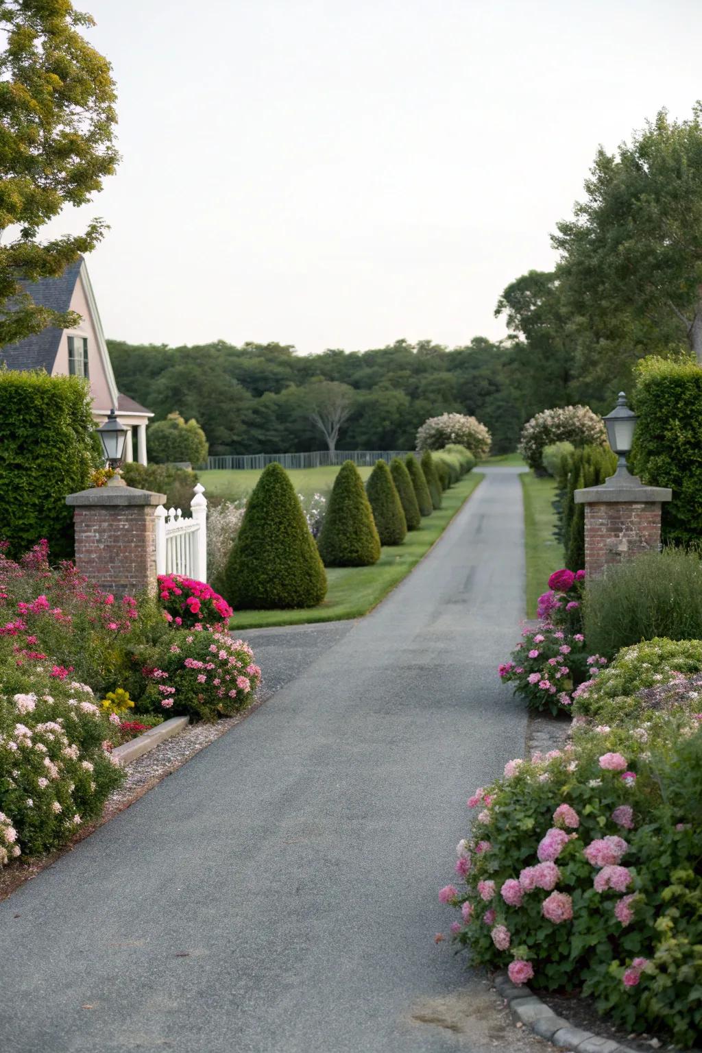 Symmetrical vegetation provides equilibrium and harmony to the entrance.