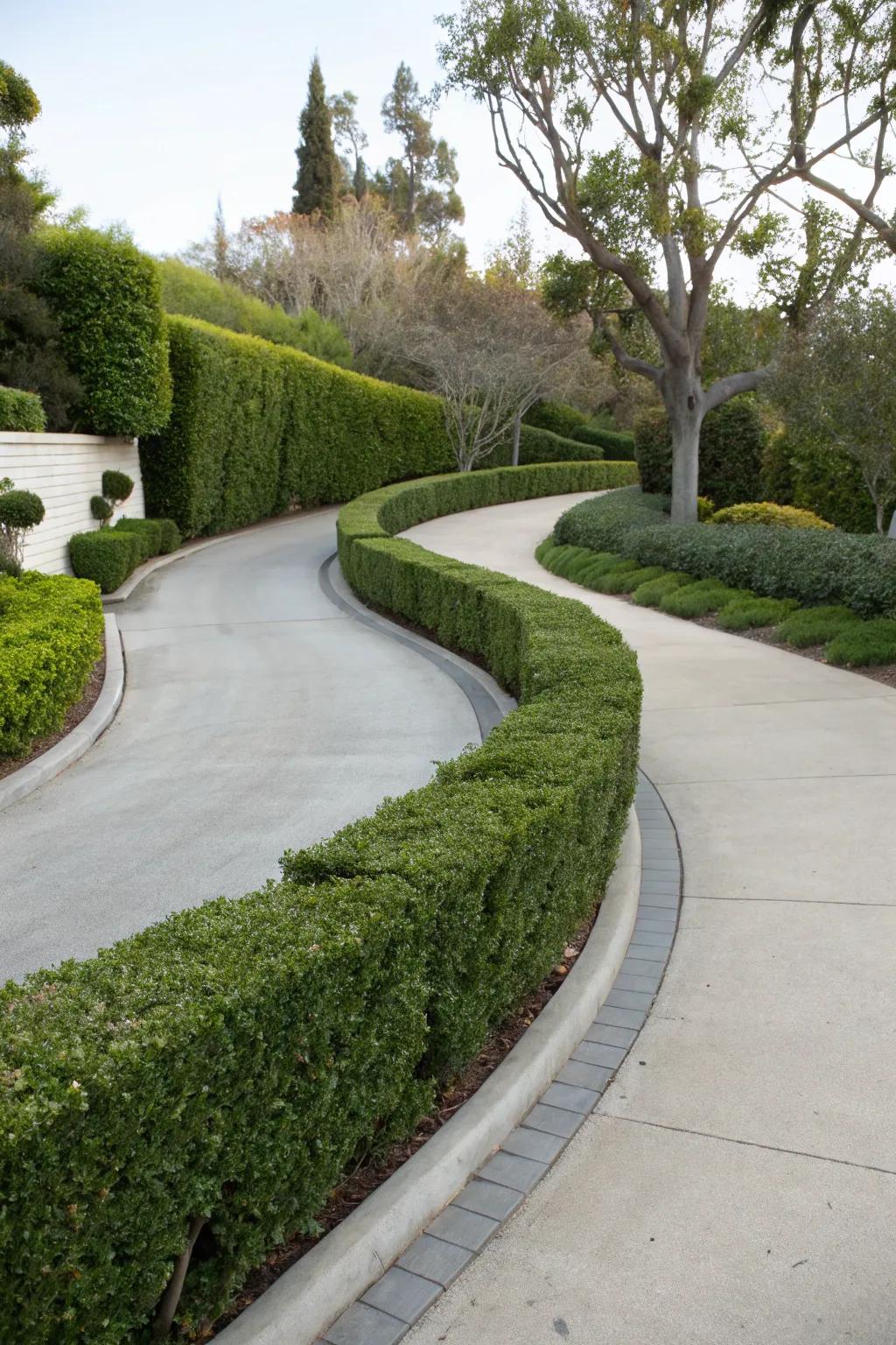 Curved hedges designing a playful, distinctive driveway entry.