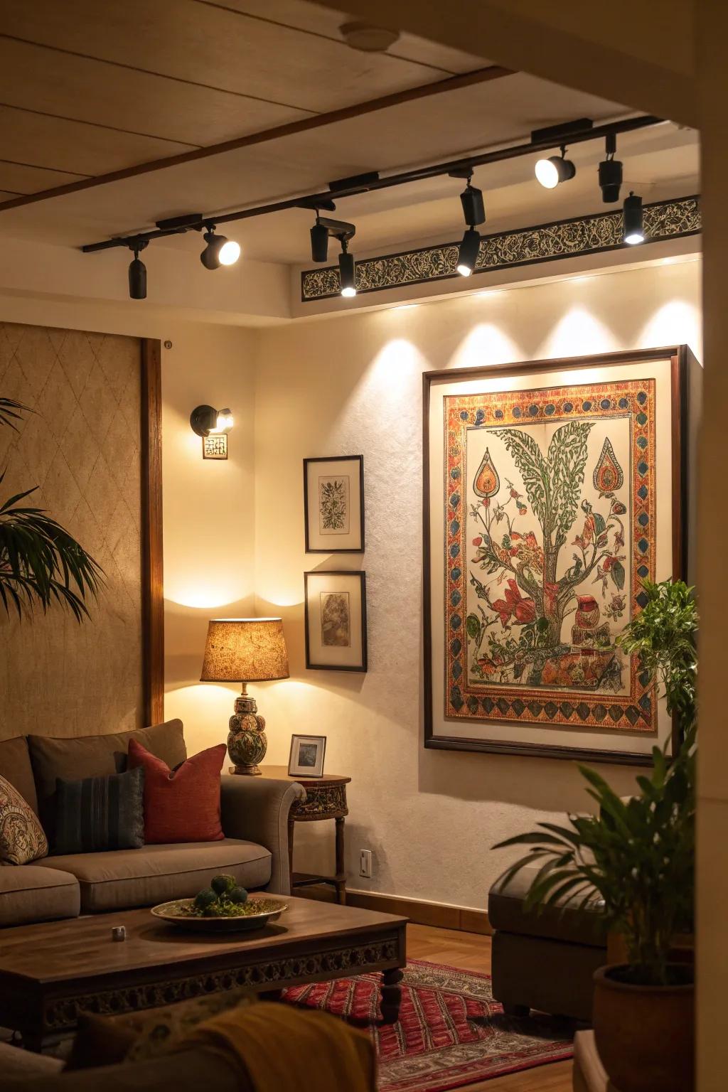 Spotlights highlight the artwork in this refined family room.