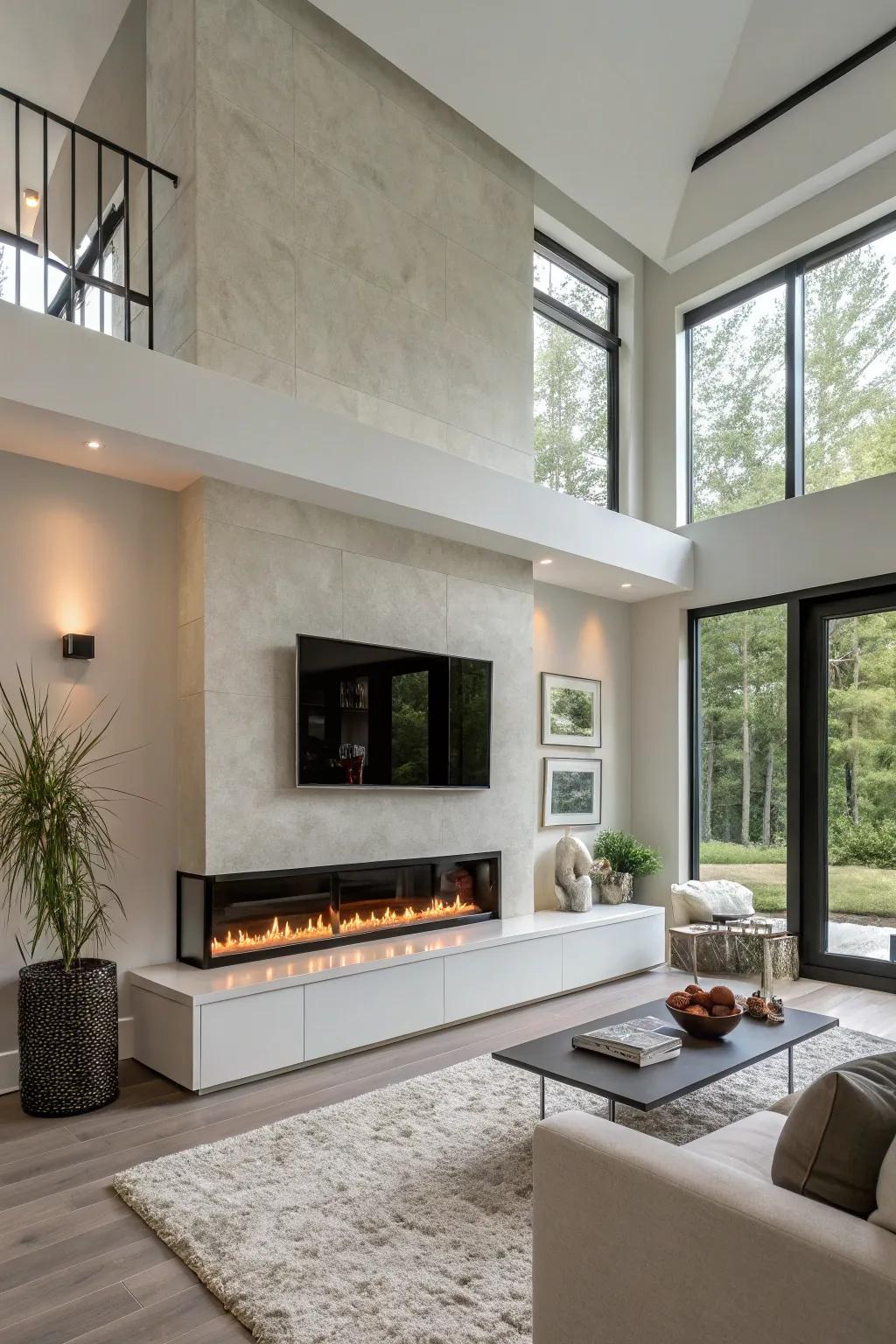 A recessed sheetrock fireplace radiating streamlined sophistication.