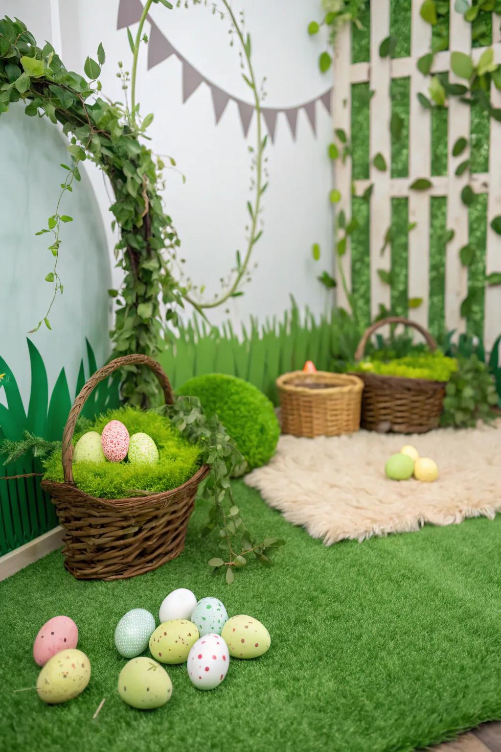 Lush greenery and faux grass create a fresh spring backdrop for Easter photos.